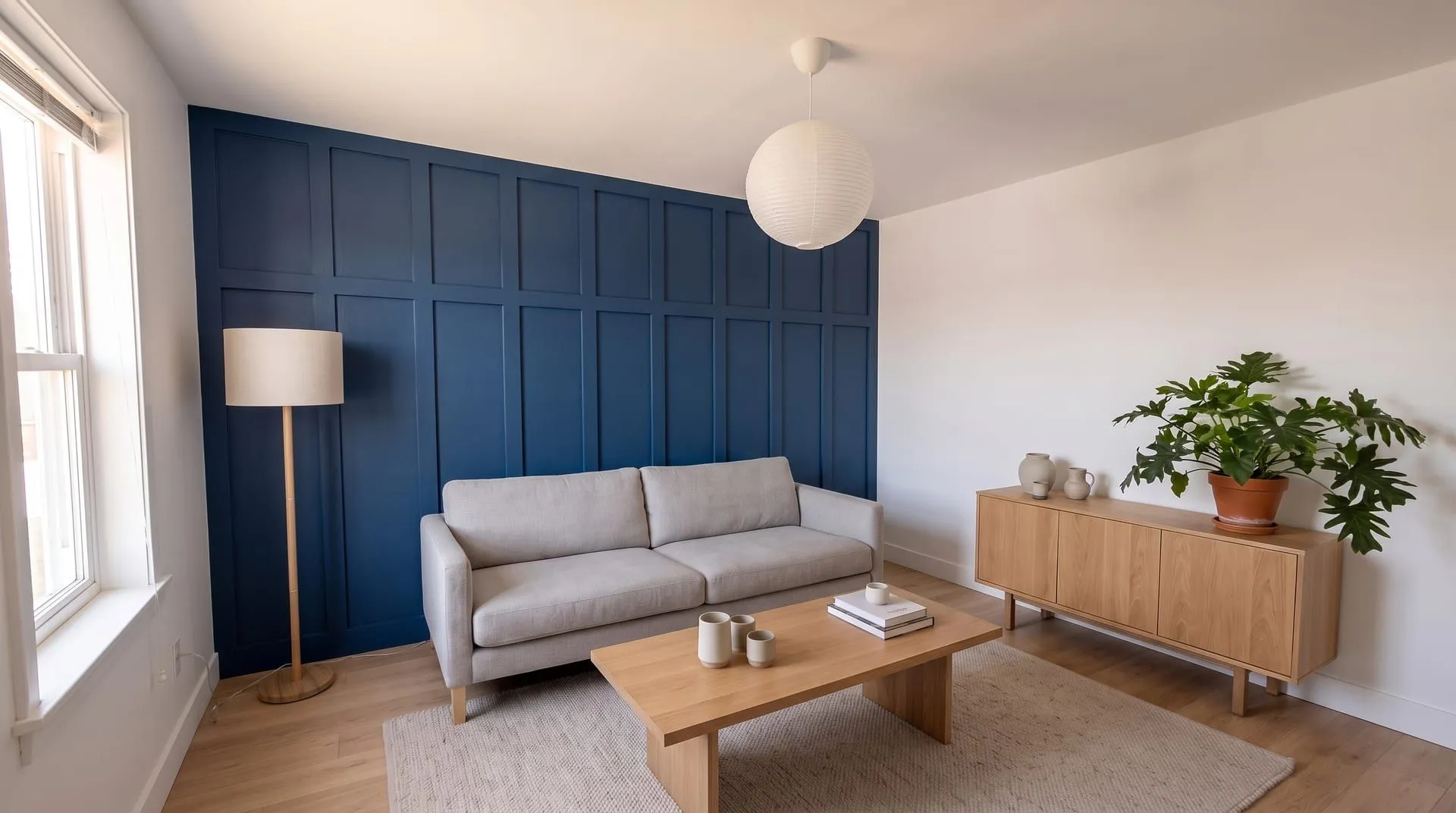A living room with navy board and batten panelling on the wall behind the sofa