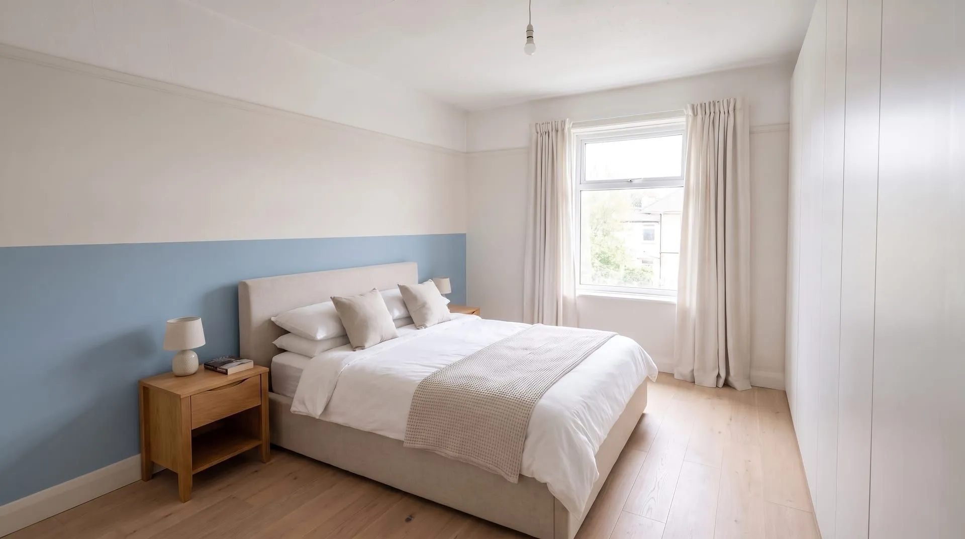 A bedroom with the lower part of the bed wall painted dusty blue and the upper part off-white
