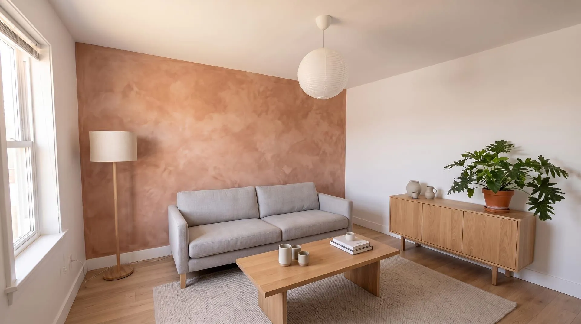 A living room with a soft terracotta limewash finish on the wall behind the sofa