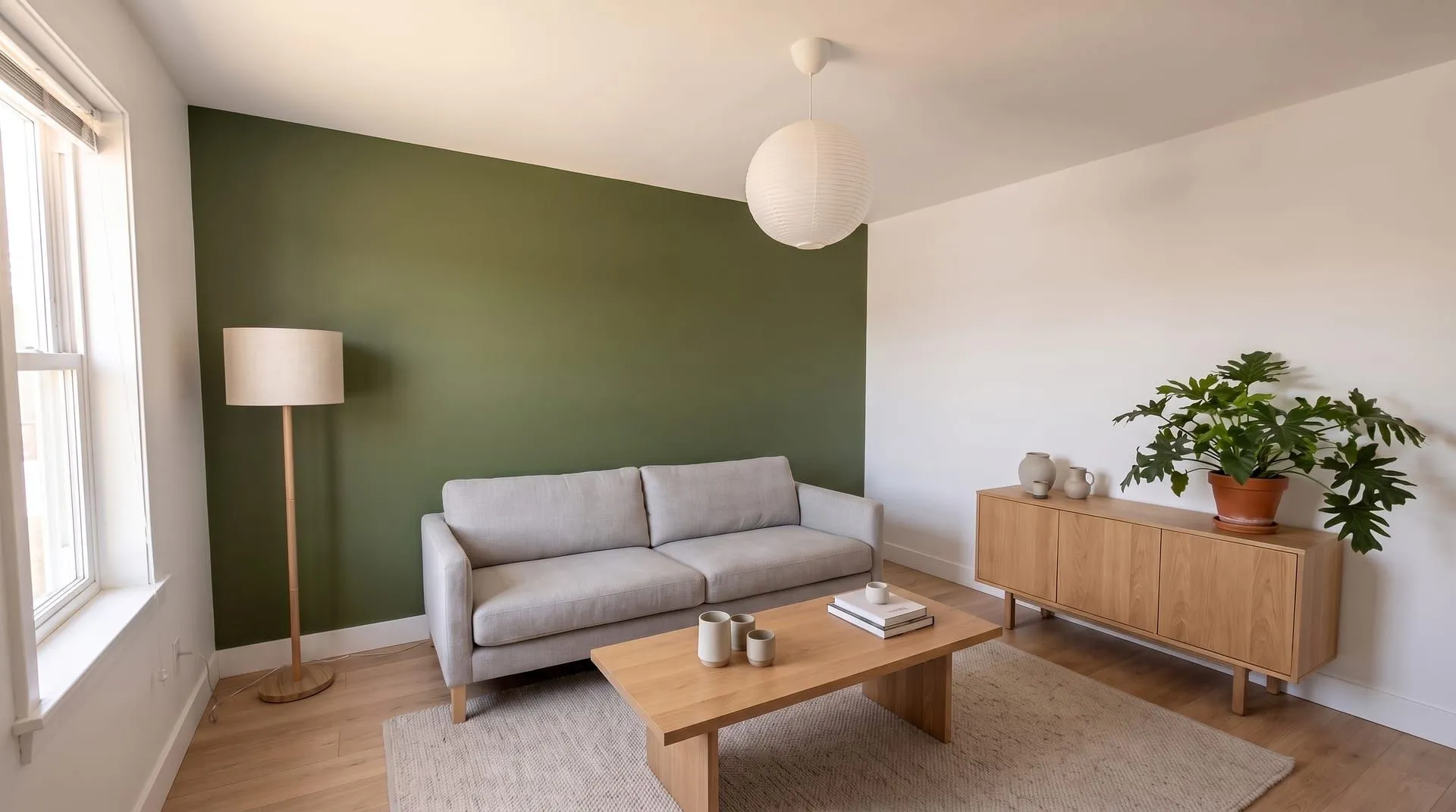 A living room with the wall behind a grey sofa painted deep olive green