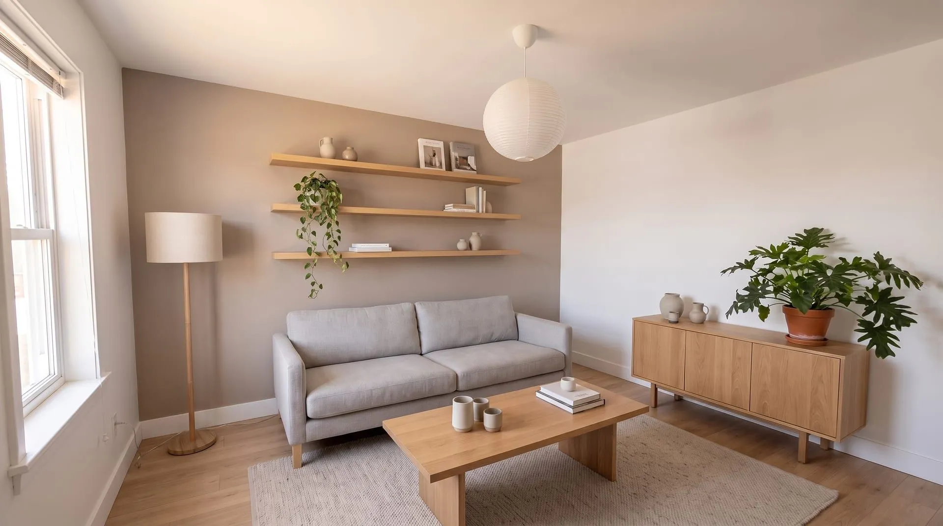 A living room with a taupe accent wall and three floating oak shelves above the sofa