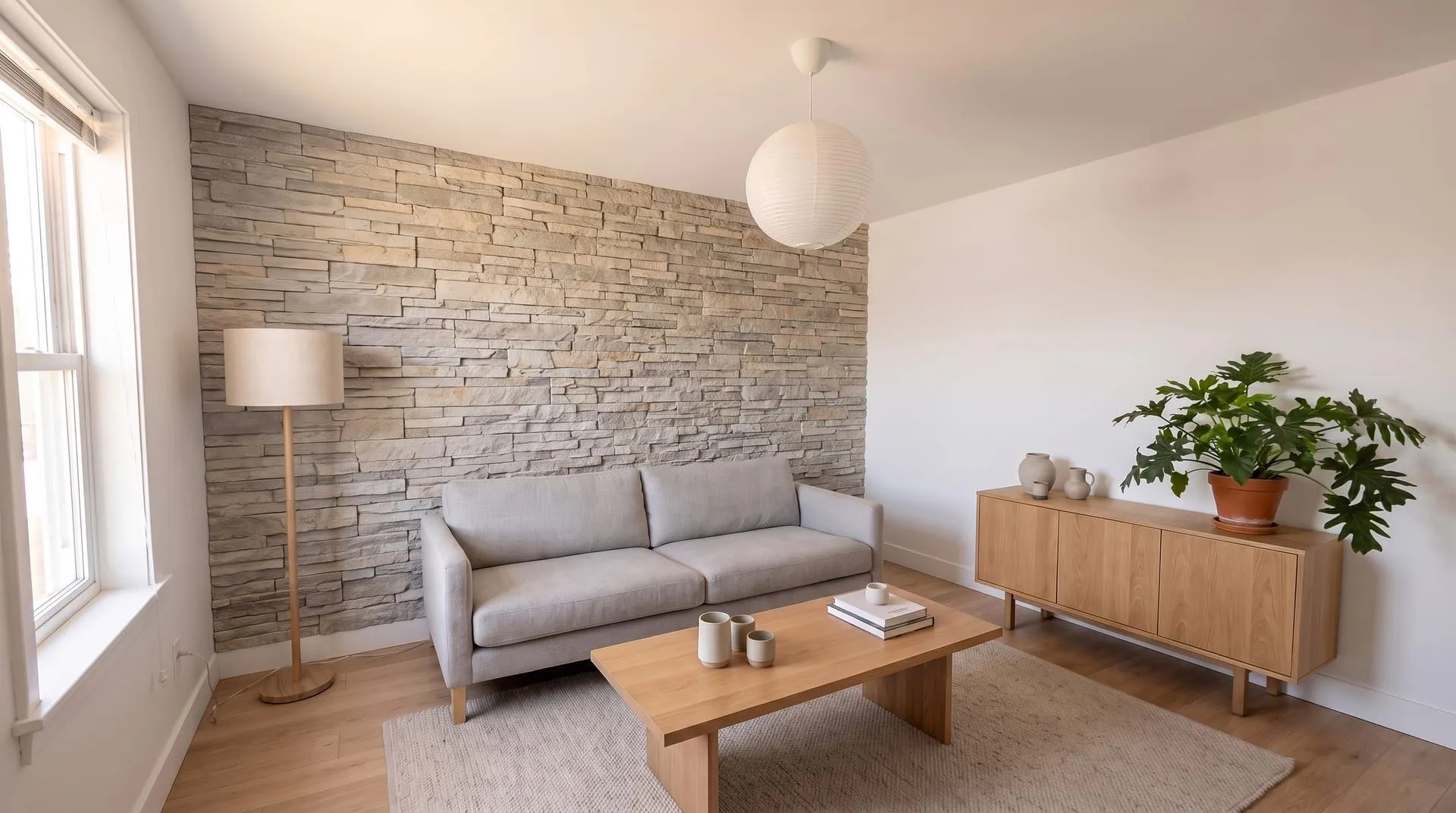 A living room with a stacked stone veneer wall behind the sofa