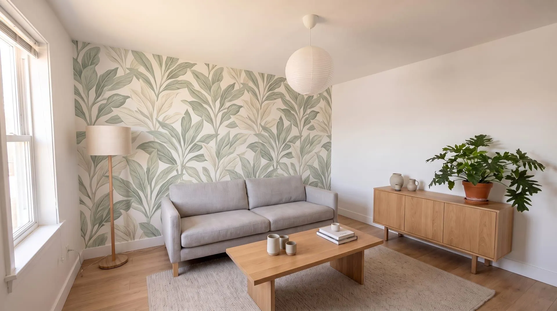 A living room with a large-scale sage green leaf wallpaper on the wall behind the sofa