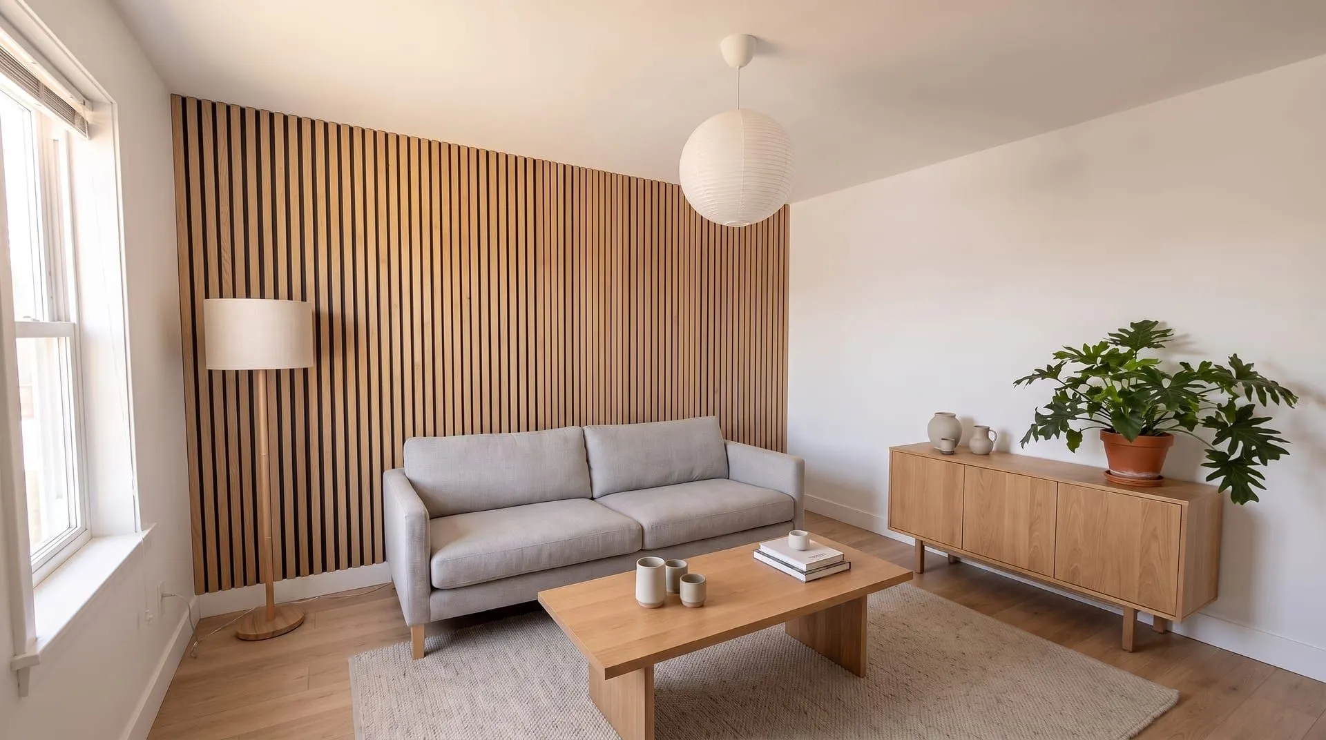 A living room with vertical oak slats on the wall behind the sofa