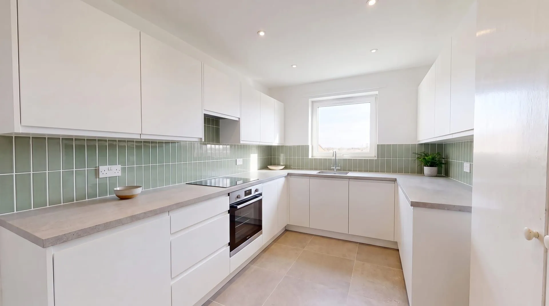 The same kitchen with a sage green subway tile backsplash laid vertically in straight stacked columns with white grout