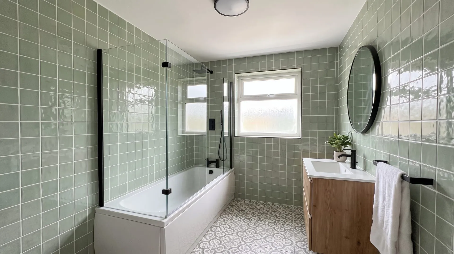 The same bathroom with sage green handmade-look ceramic wall tiles and a grey and white patterned ceramic floor