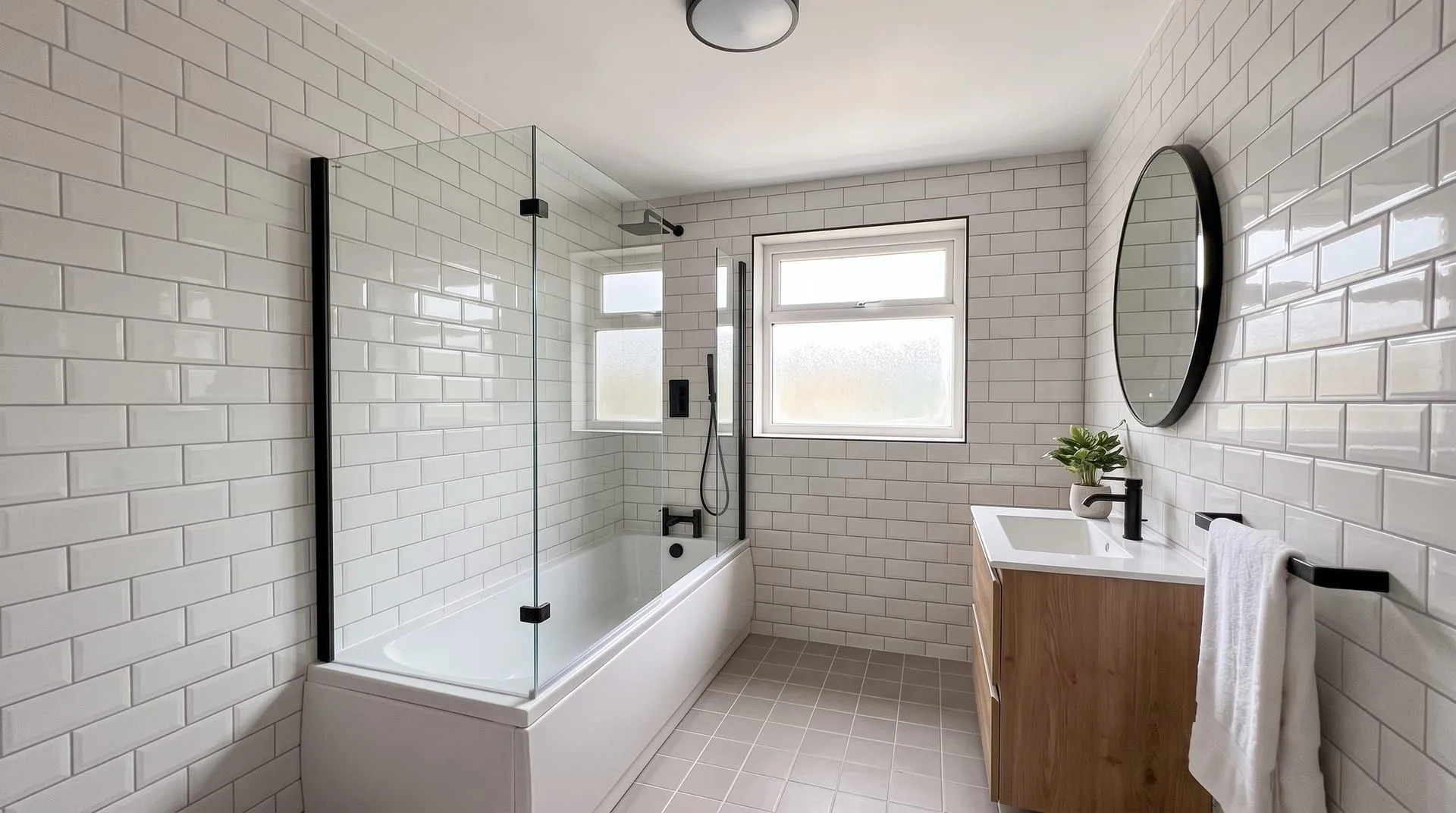 The same bathroom with glossy white ceramic subway tiles on the walls and small grey ceramic tiles on the floor