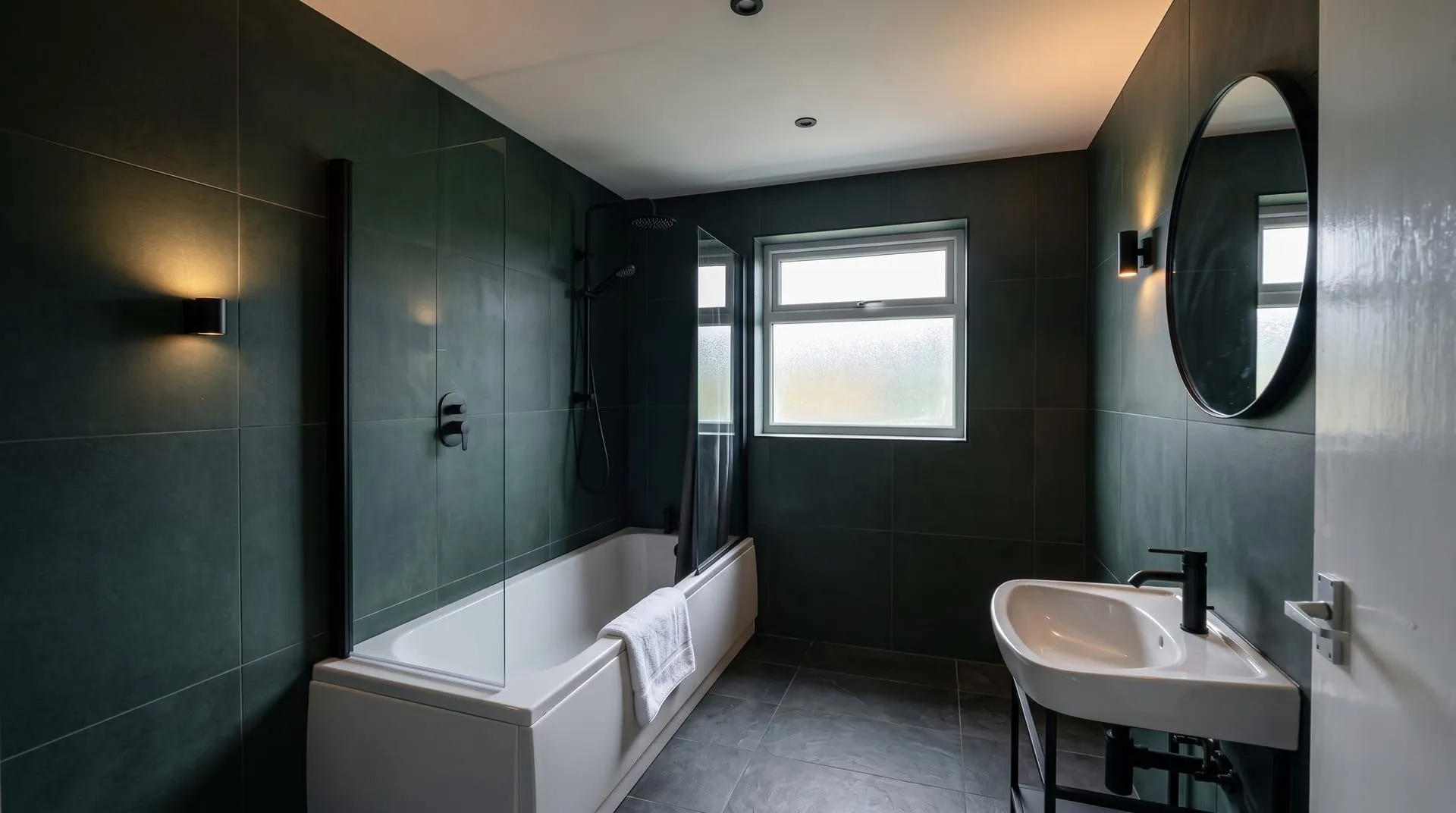 The same small bathroom redesigned in a contemporary style with dark green tiles and matte black fittings