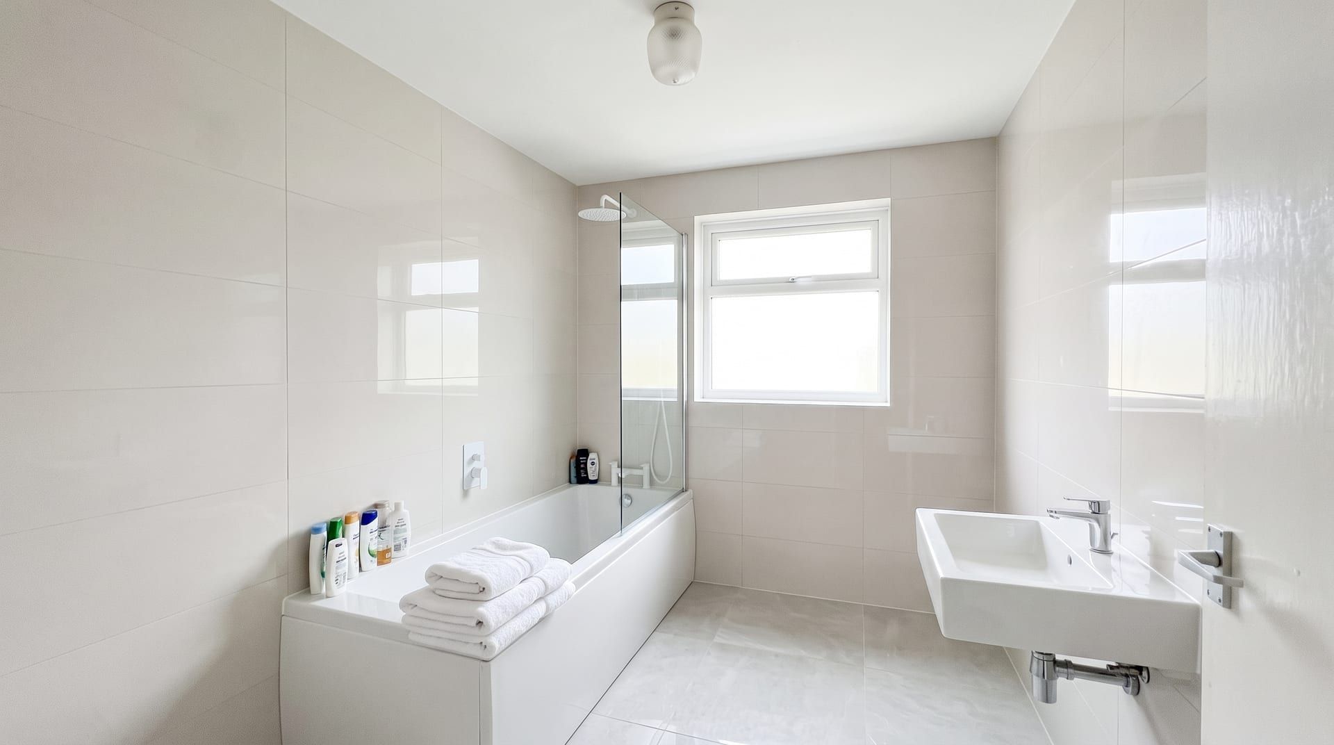 The same small bathroom redesigned in a Contemporary style, with its windows, walls and camera angle unchanged