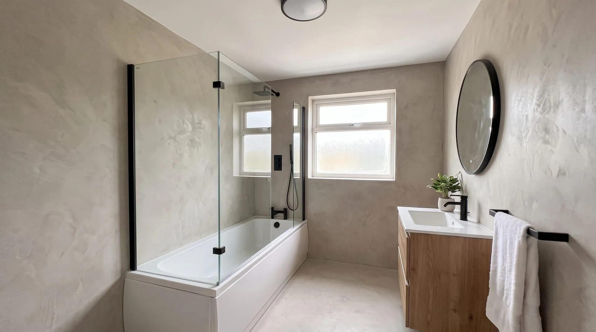 A bathroom with walls and floor finished in seamless light grey microcement around a bath and wooden vanity