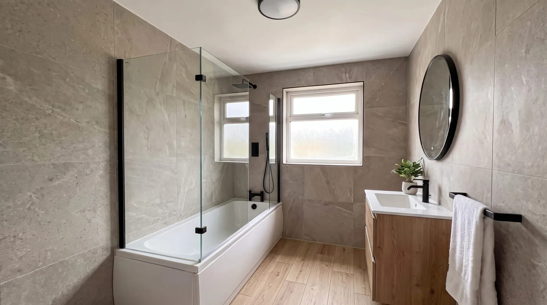 The same bathroom with a light oak wood-look porcelain plank floor and the original stone-look wall tiles