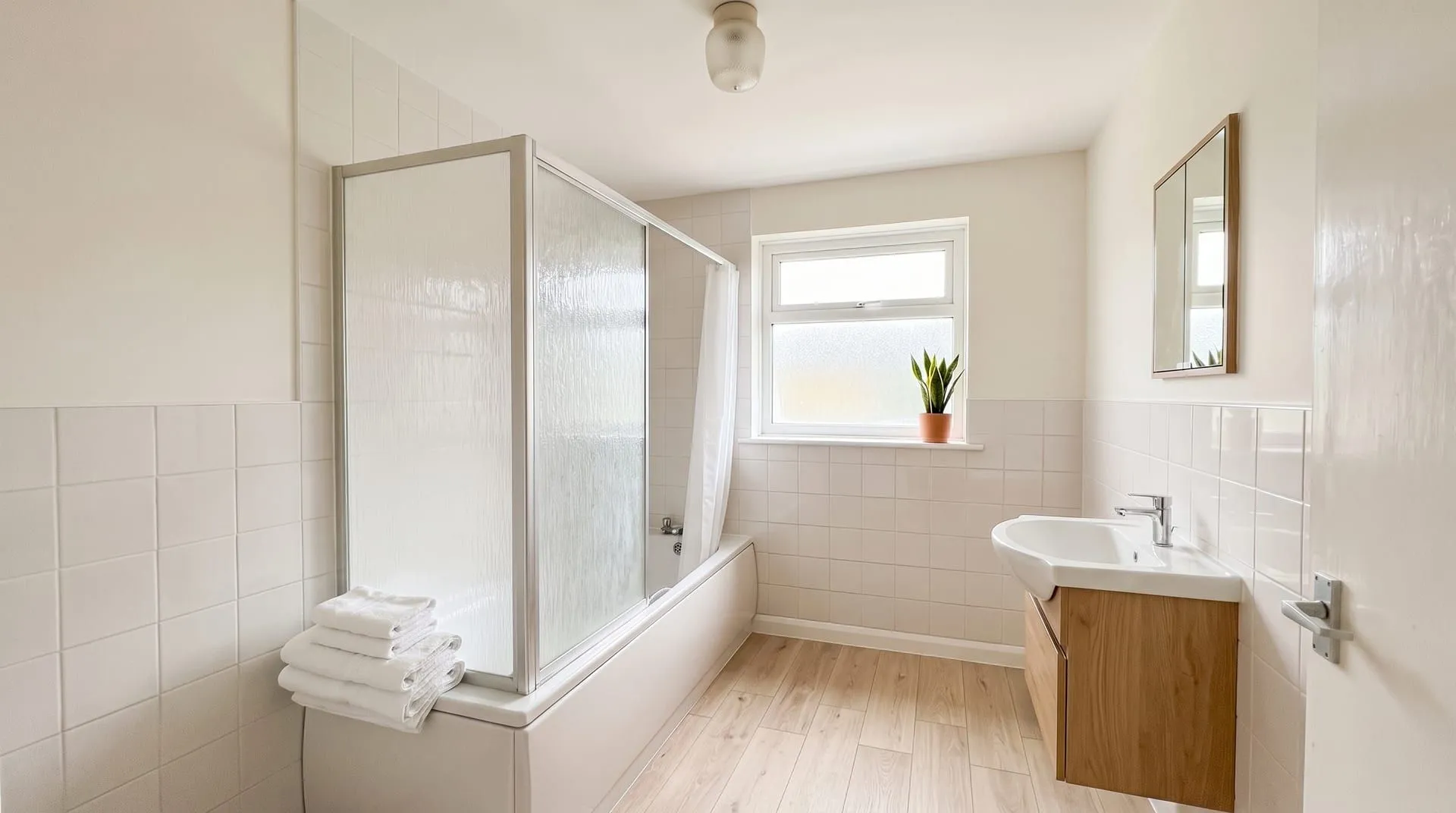 The same small bathroom redesigned in a warm Scandinavian style with oak and white tiles