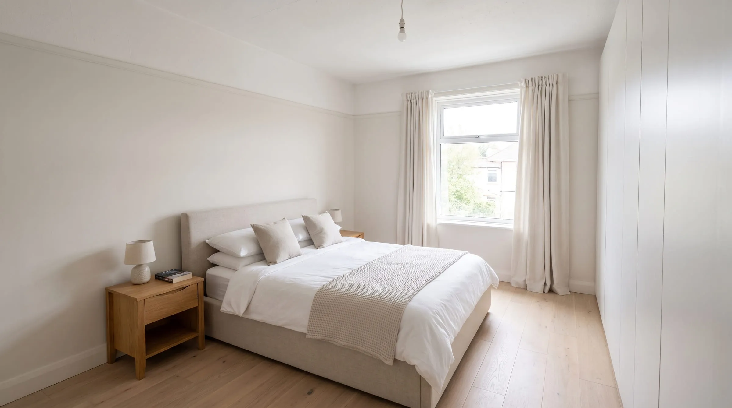 The same bedroom photo redesigned in a minimalist style with the model remyhomeai uses
