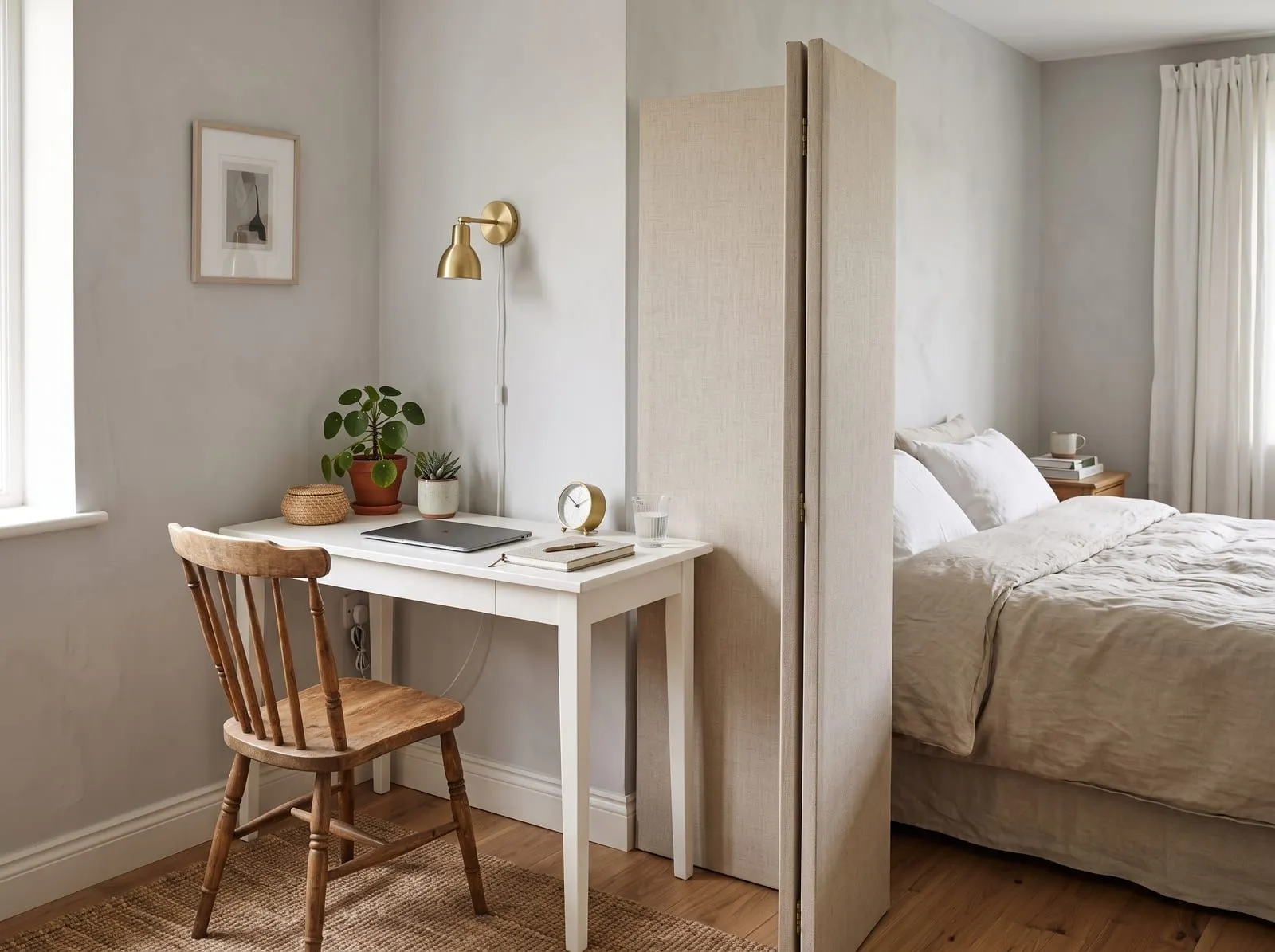 A bedroom corner with a white desk and wooden chair behind a linen folding screen, with the bed beyond