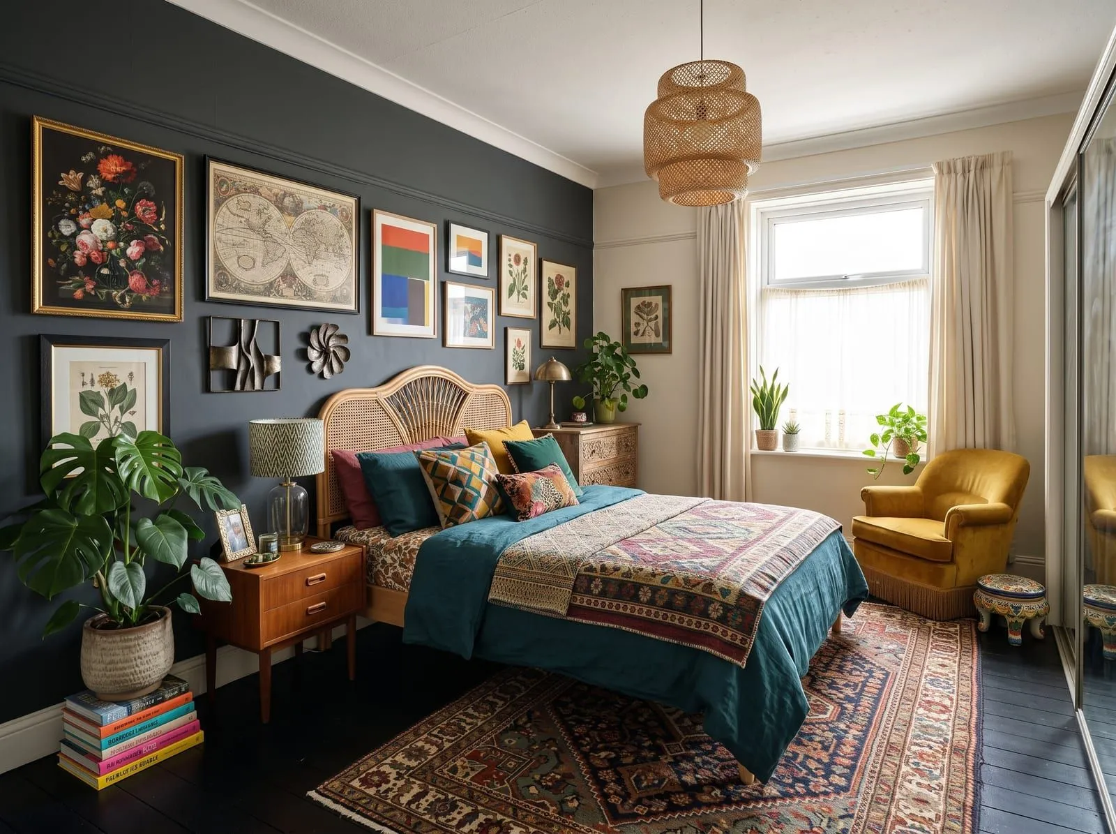 The same bedroom photo redesigned in an eclectic style