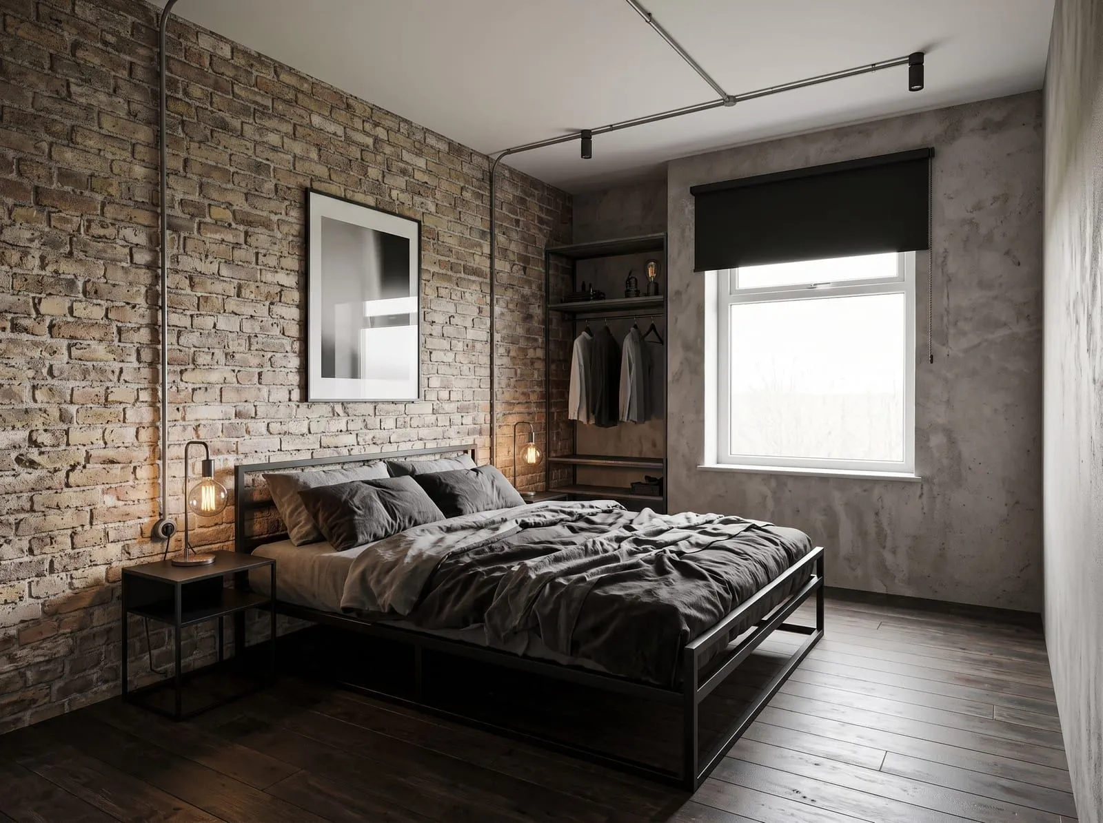 The same bedroom photo redesigned in an industrial style