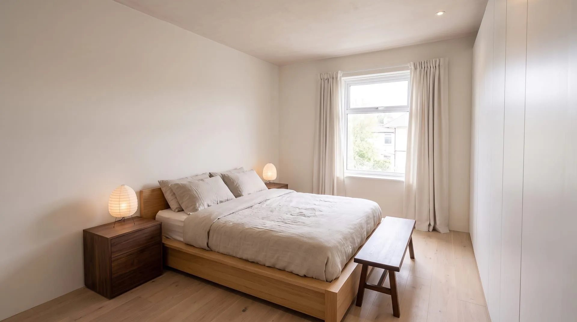 The sample bedroom in Japandi style with a low oak platform bed, linen bedding in oat and taupe, a paper lamp and a dark wood bench