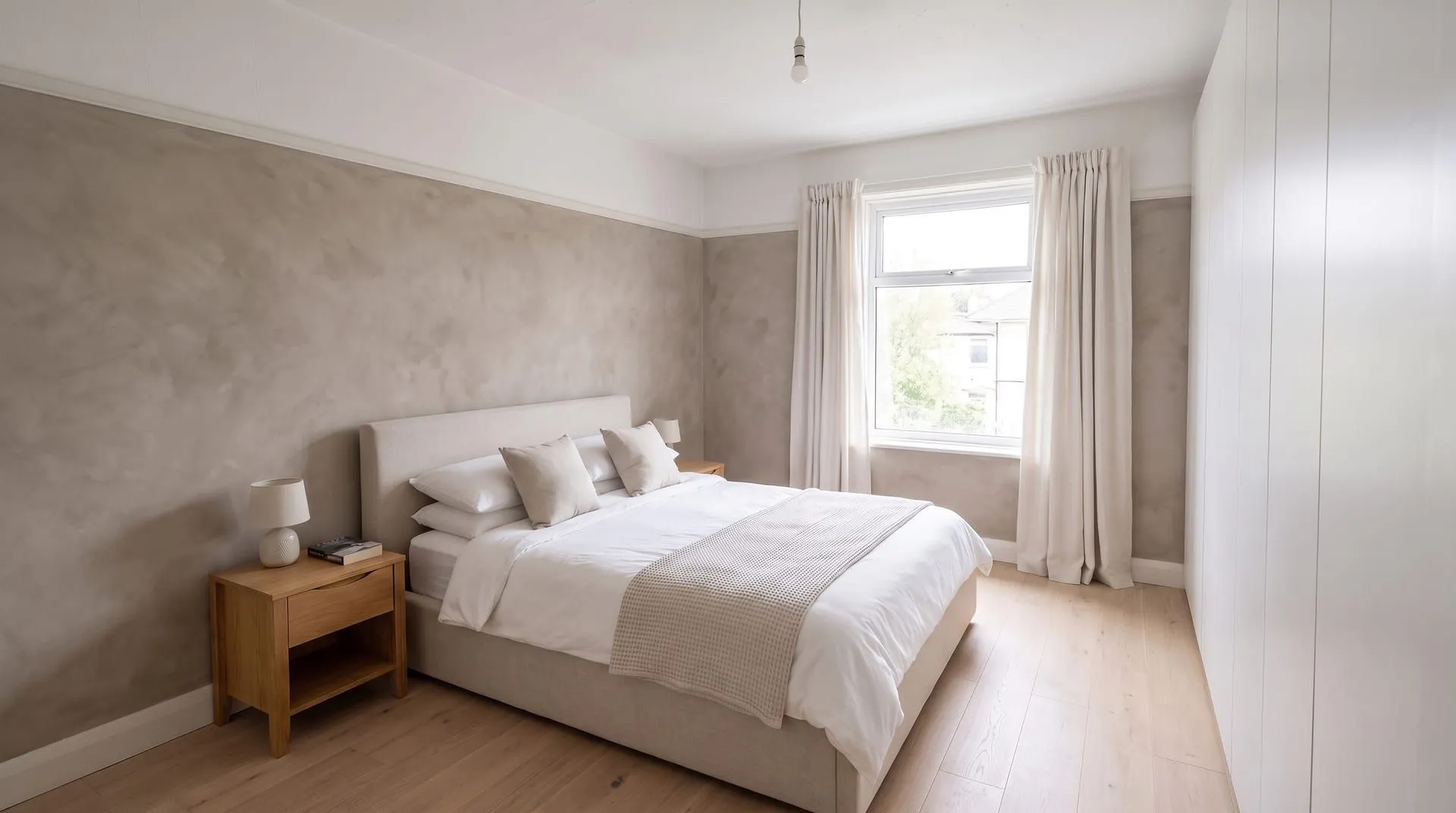 A bedroom with the wall behind the bed finished in warm greige limewash with soft cloudy patches