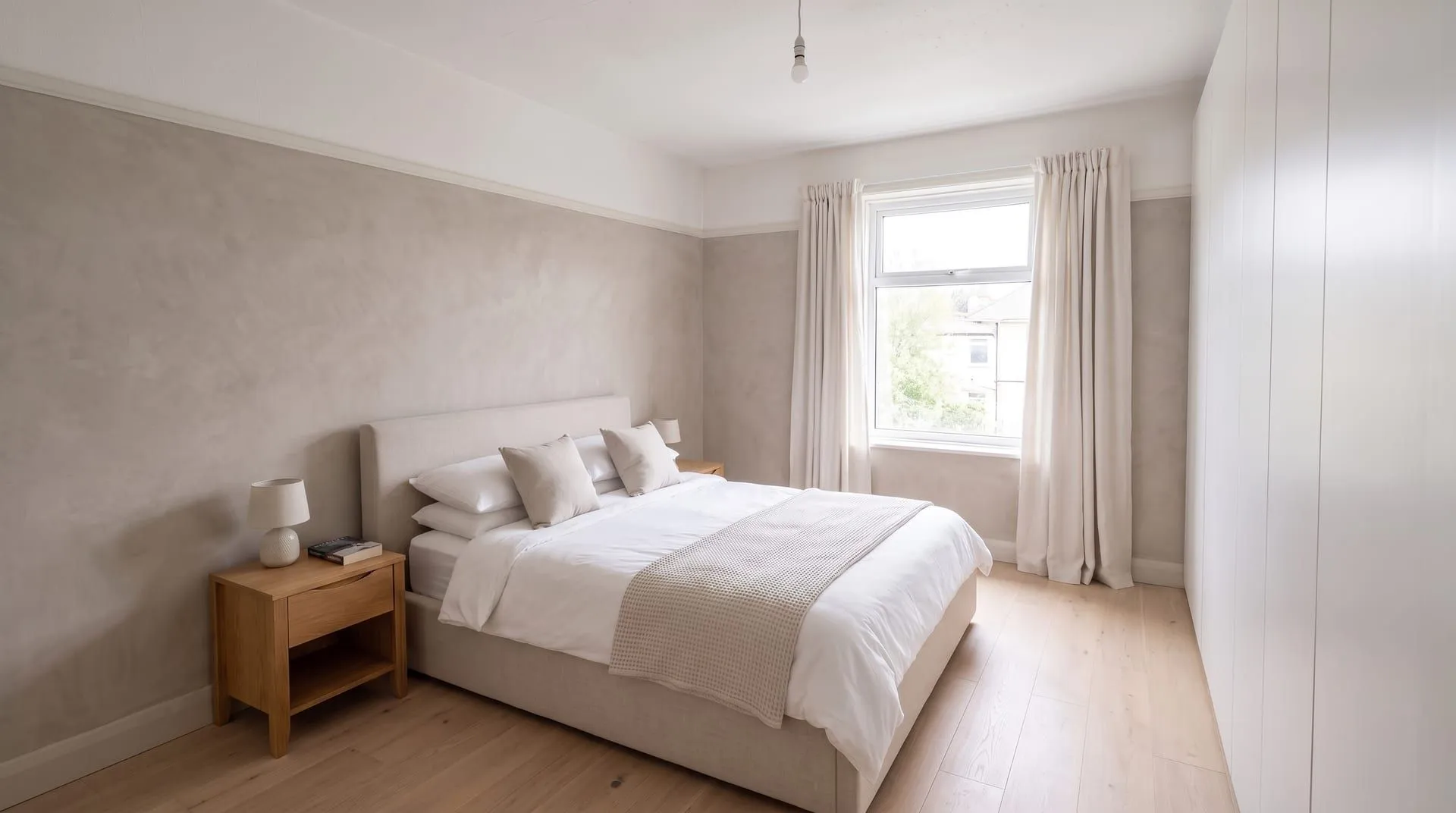 The same bedroom with the bed wall in smooth greige microcement