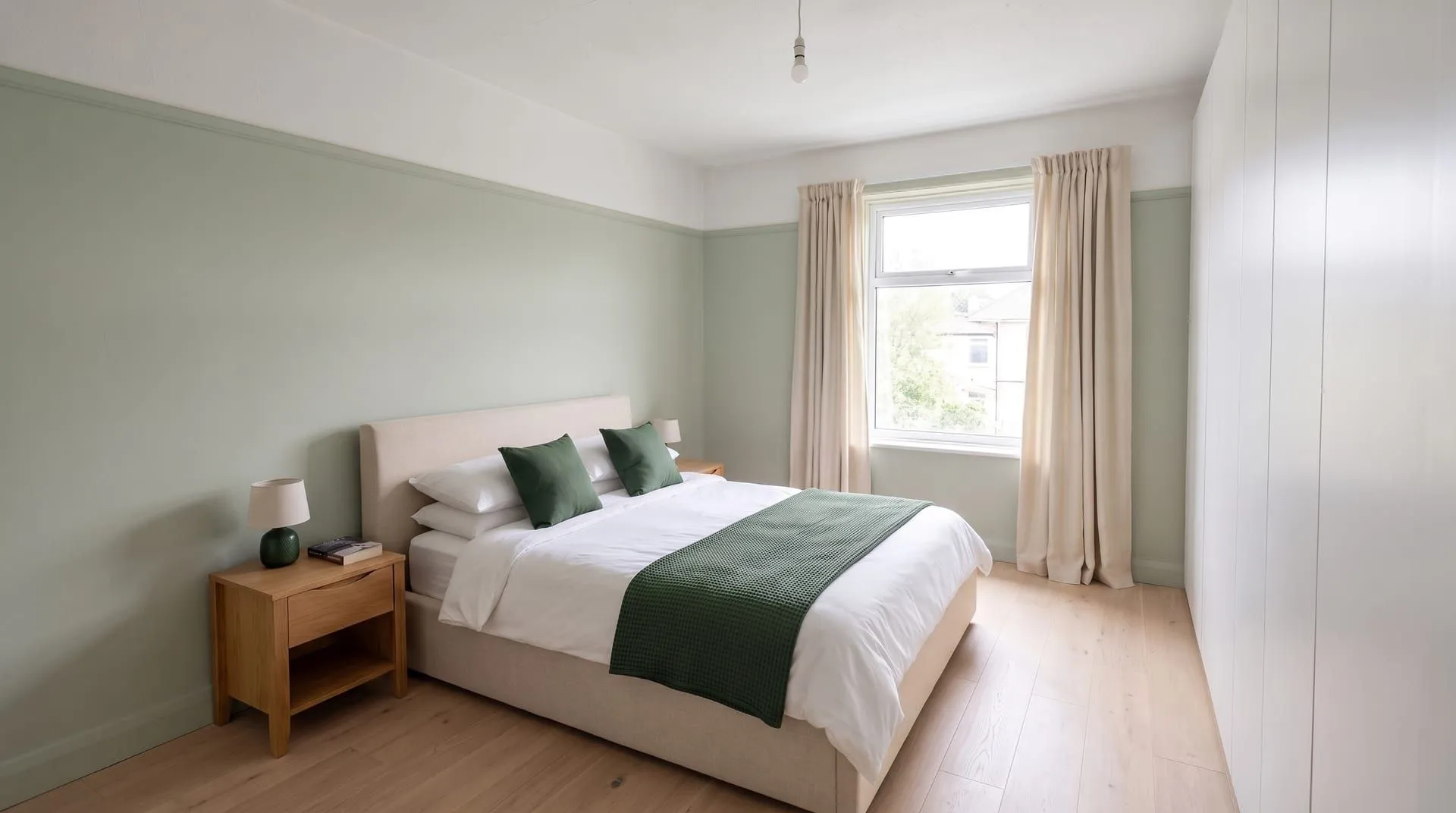 The same bedroom with soft sage walls, an oatmeal headboard and curtains, and forest green cushions, throw and lamp base