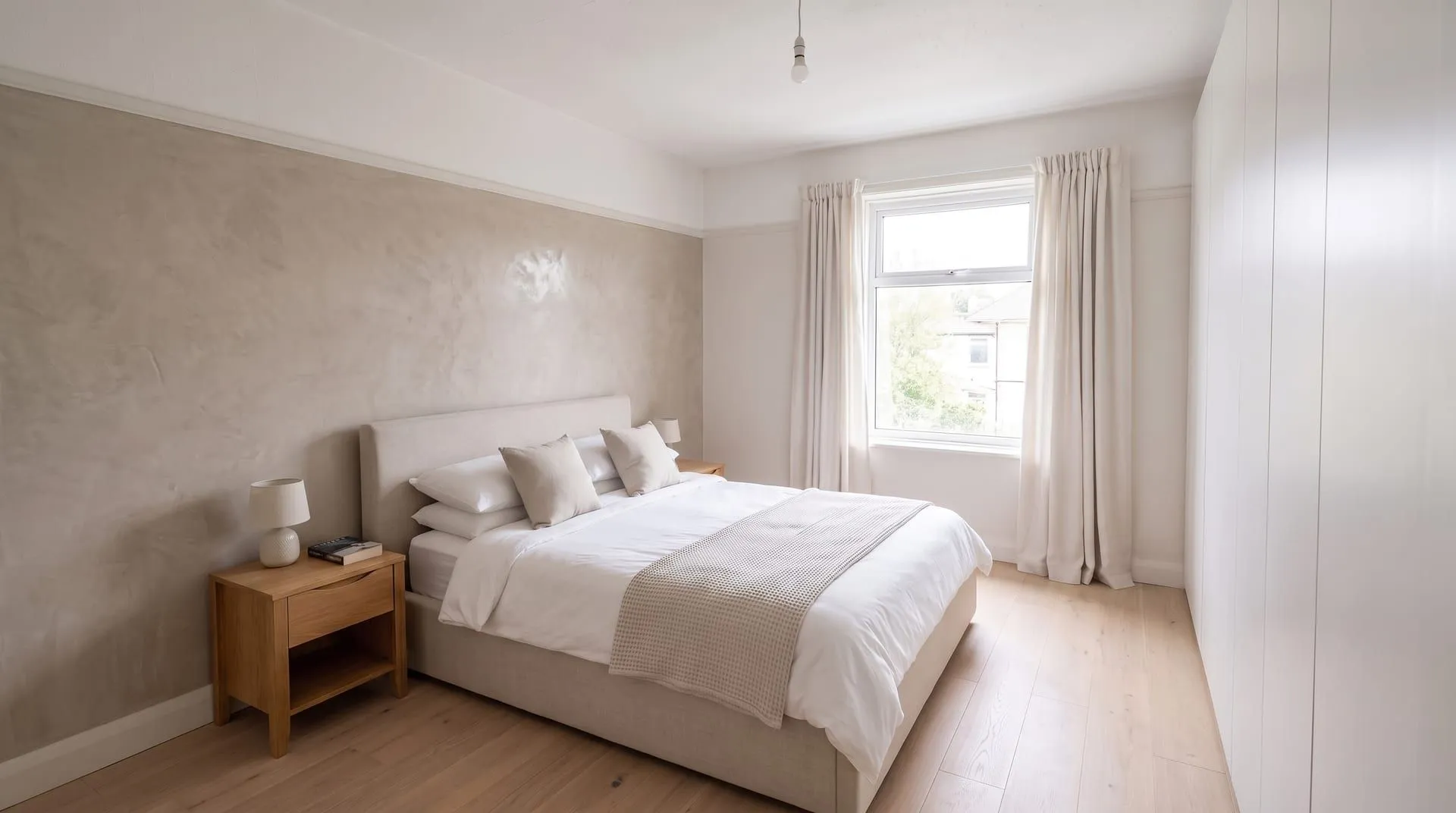 The same bedroom with the bed wall in polished Venetian plaster that catches the window light