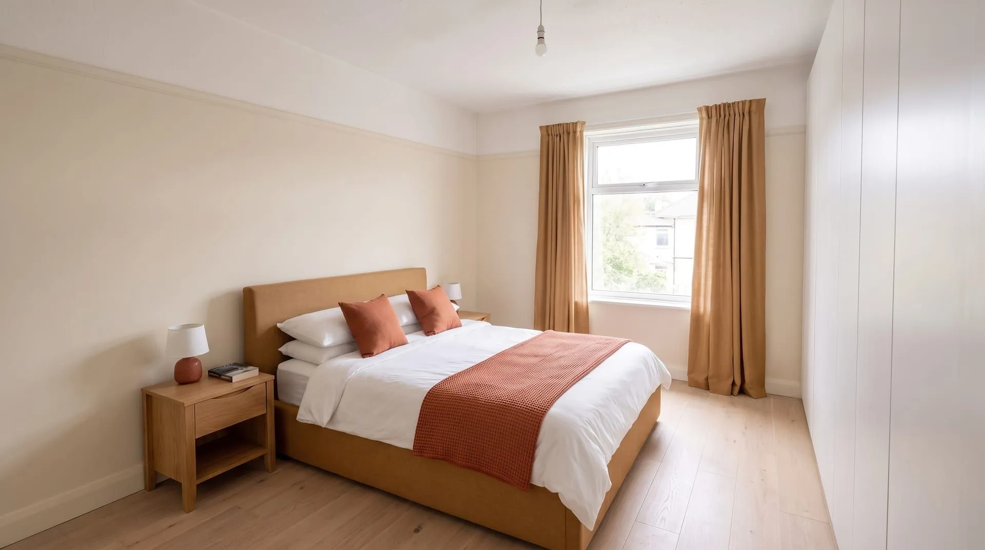 A bedroom with warm cream walls, a caramel headboard and curtains, and terracotta cushions, throw and lamp base
