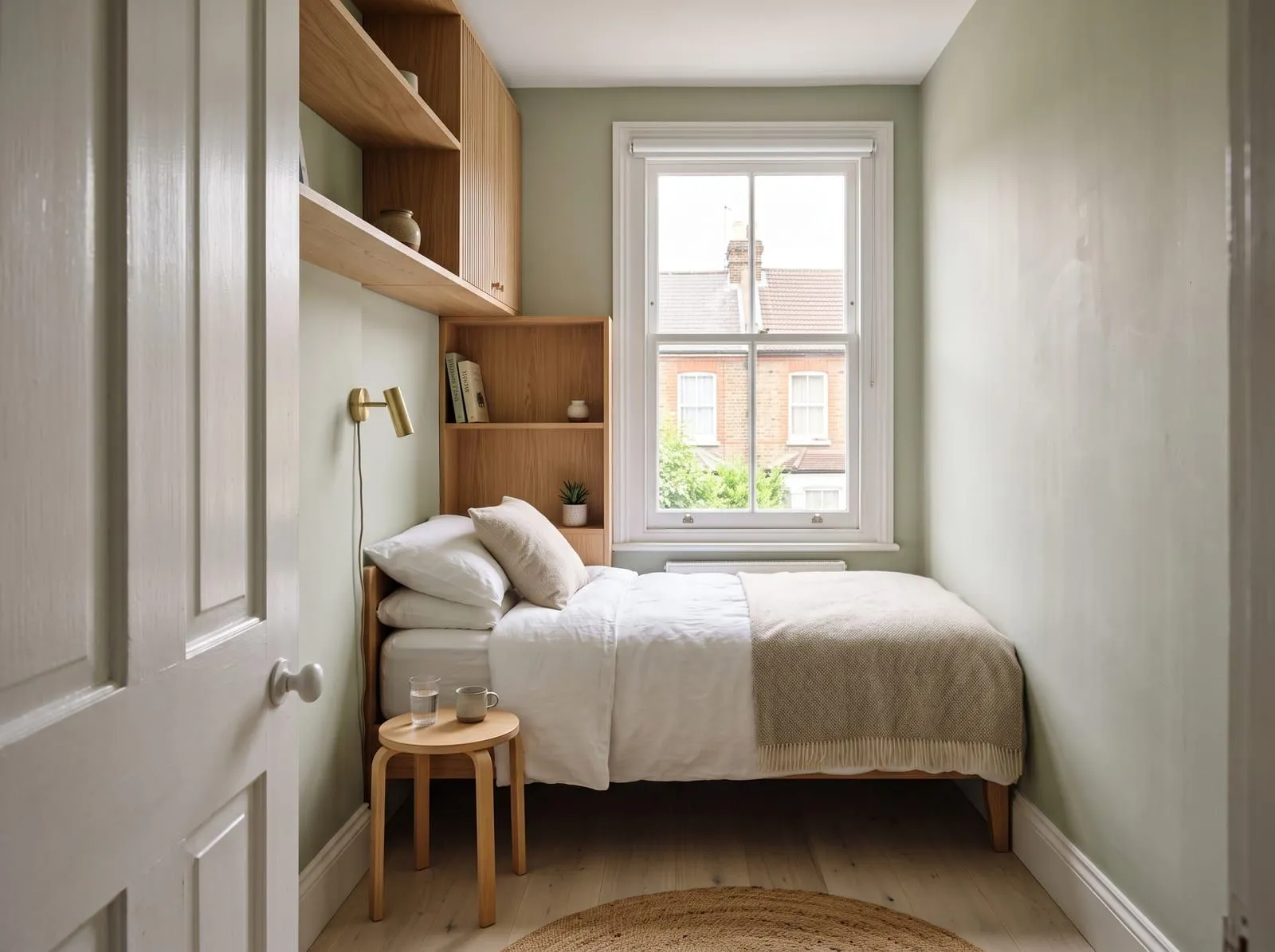 A narrow box room with a single bed, built-in shelves above the bed head and a wall light