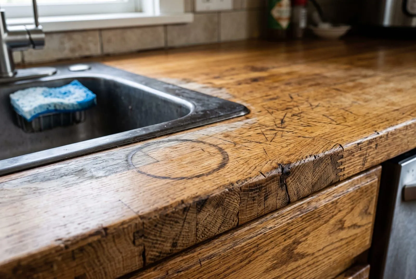 A close-up of an oak butcher block counter beside a sink with knife marks and a dark water ring