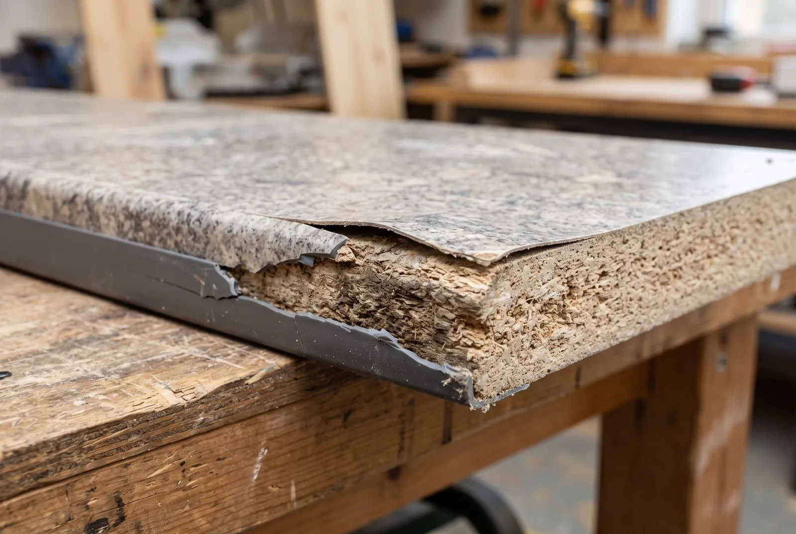 A close-up of a laminate countertop end with the printed layer lifting off a swollen particleboard core