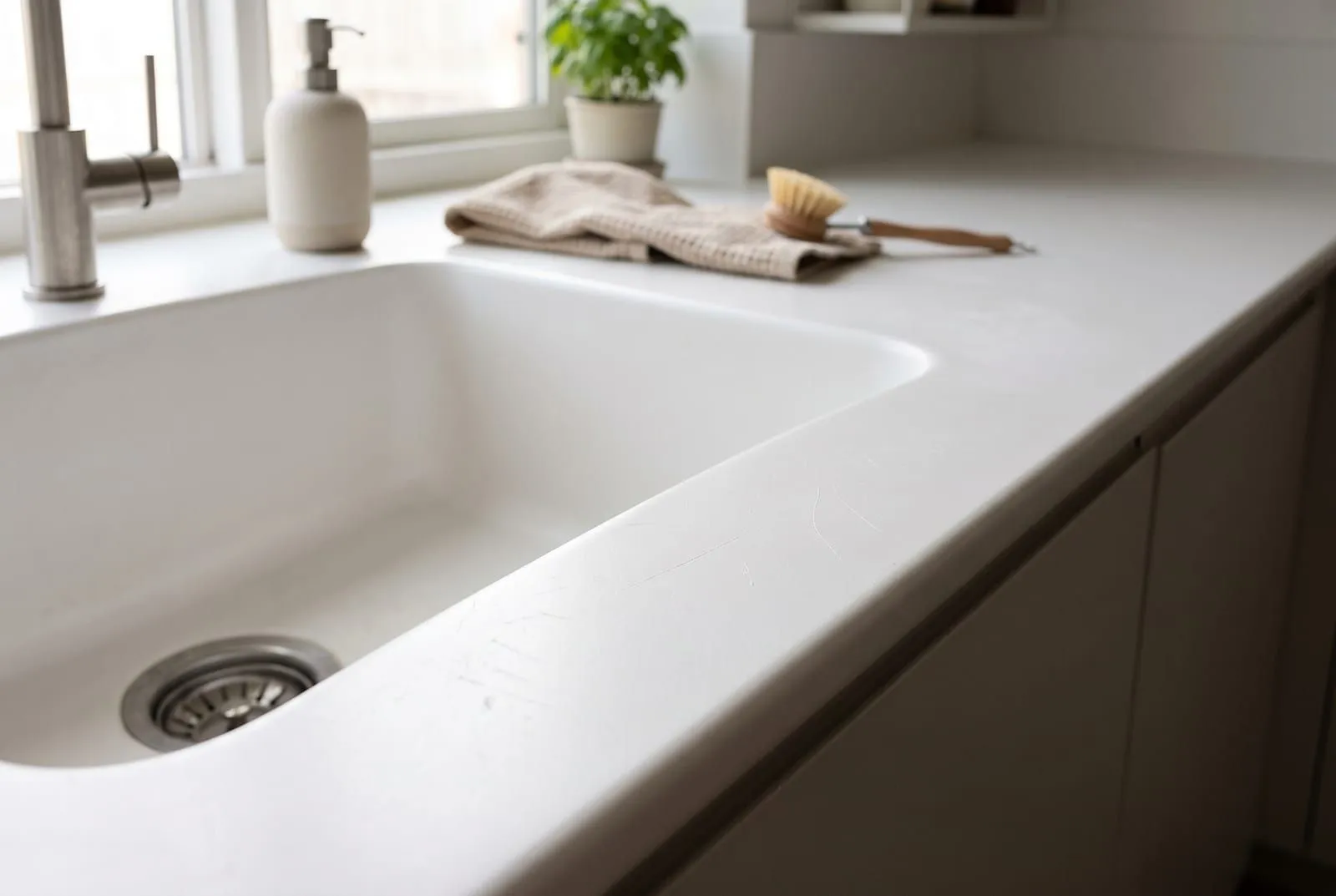 A close-up of a matte white solid surface counter with an integrated sink and fine scratches on the surface