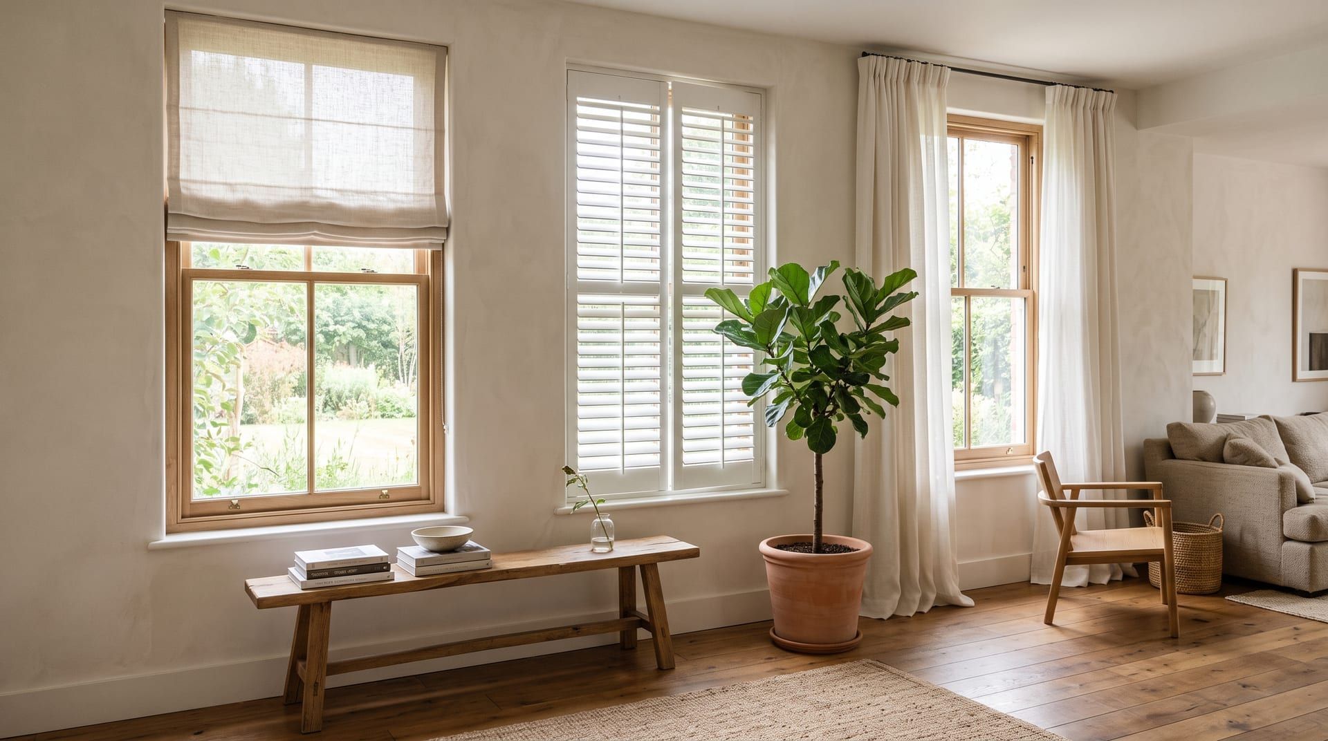 A living room with three windows dressed three ways: a linen roman shade, white plantation shutters and floor-length linen curtains