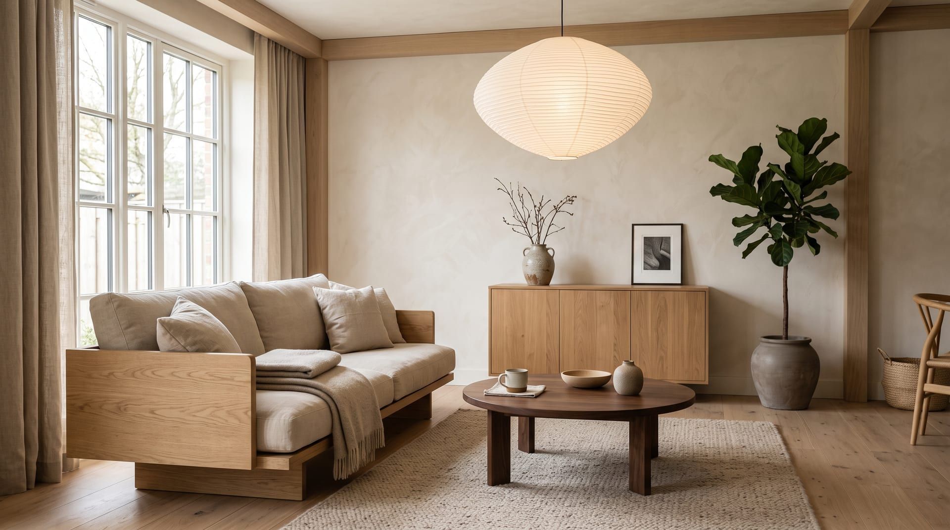 A Japandi living room with a low oak sofa, a paper pendant, a round dark wood coffee table and limewashed walls in oat white