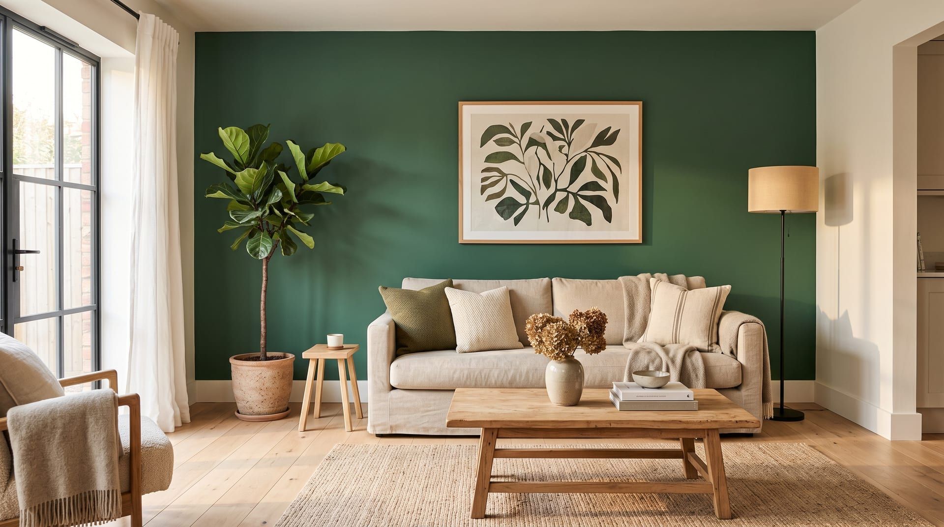 A living room with a deep green accent wall behind a linen sofa, the other walls warm white