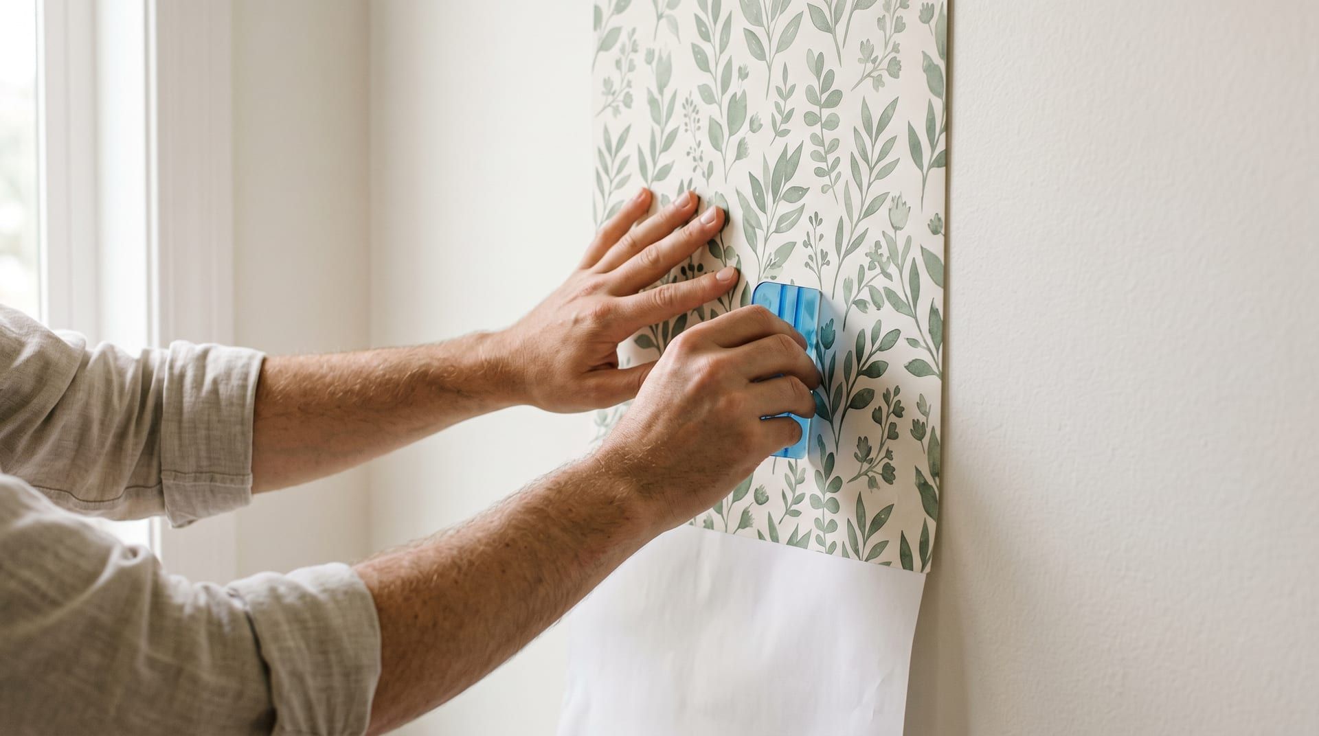 Hands smoothing a strip of botanical peel and stick wallpaper onto a plain painted wall