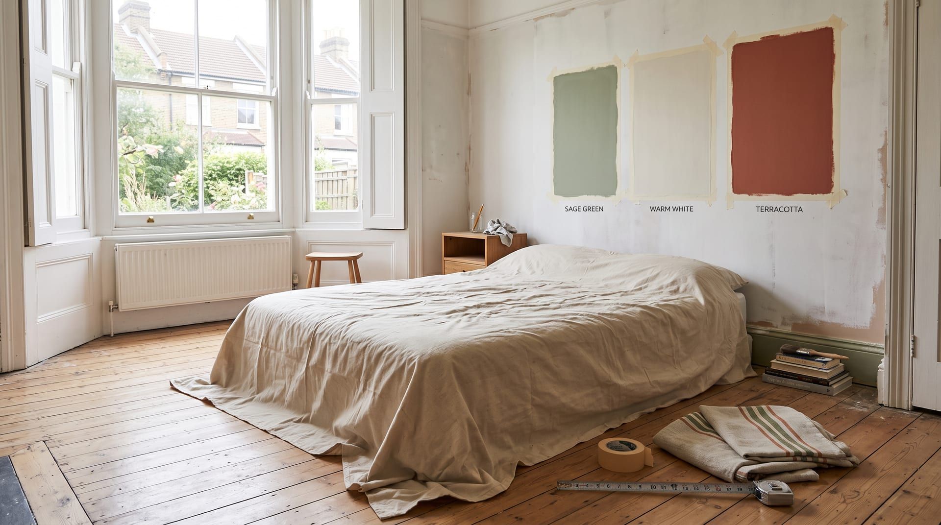 A dated bedroom beside the same bedroom redesigned in a minimalist style