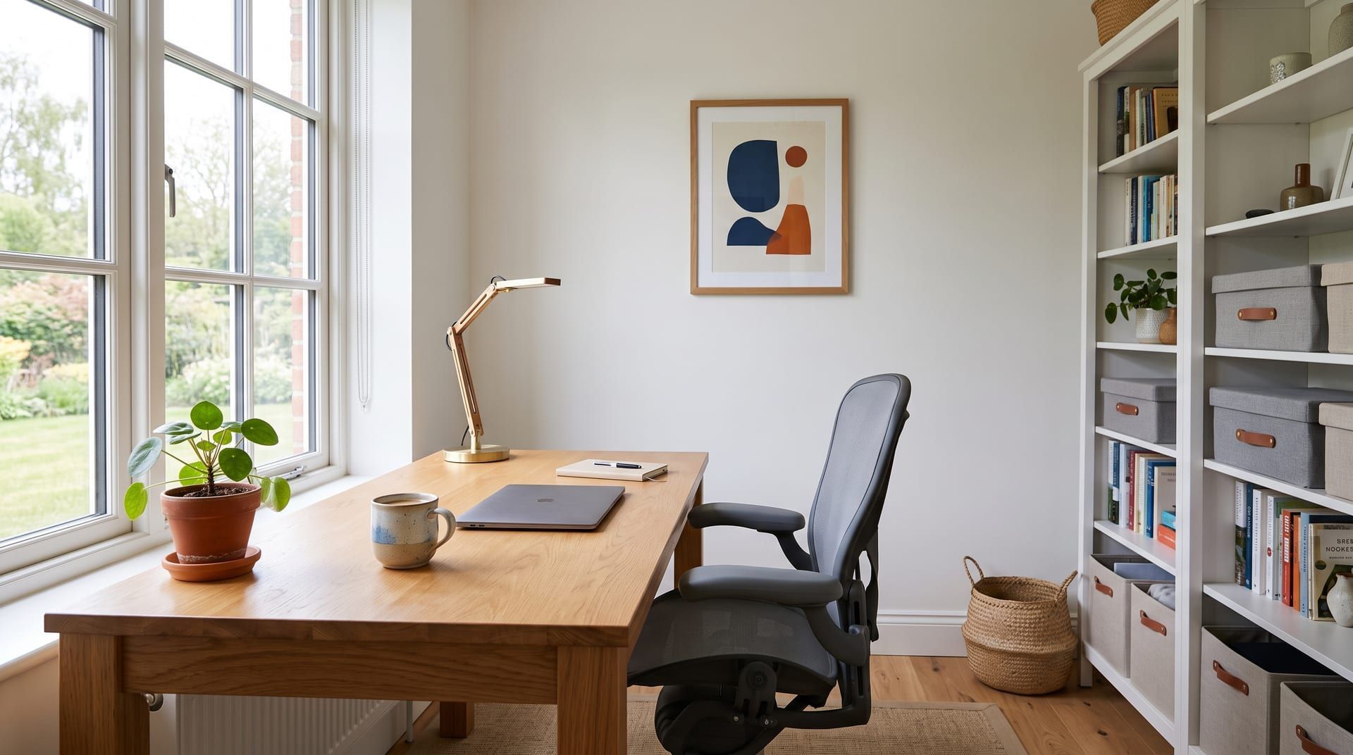 A bright home office with an oak desk beside a window, a grey chair and a tidy white bookshelf