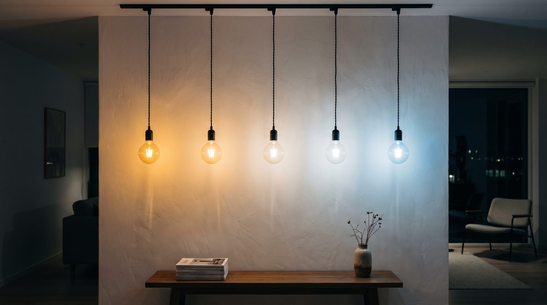 Five bare globe bulbs hanging against a white wall at night, glowing from warm amber on the left to bluish daylight on the right
