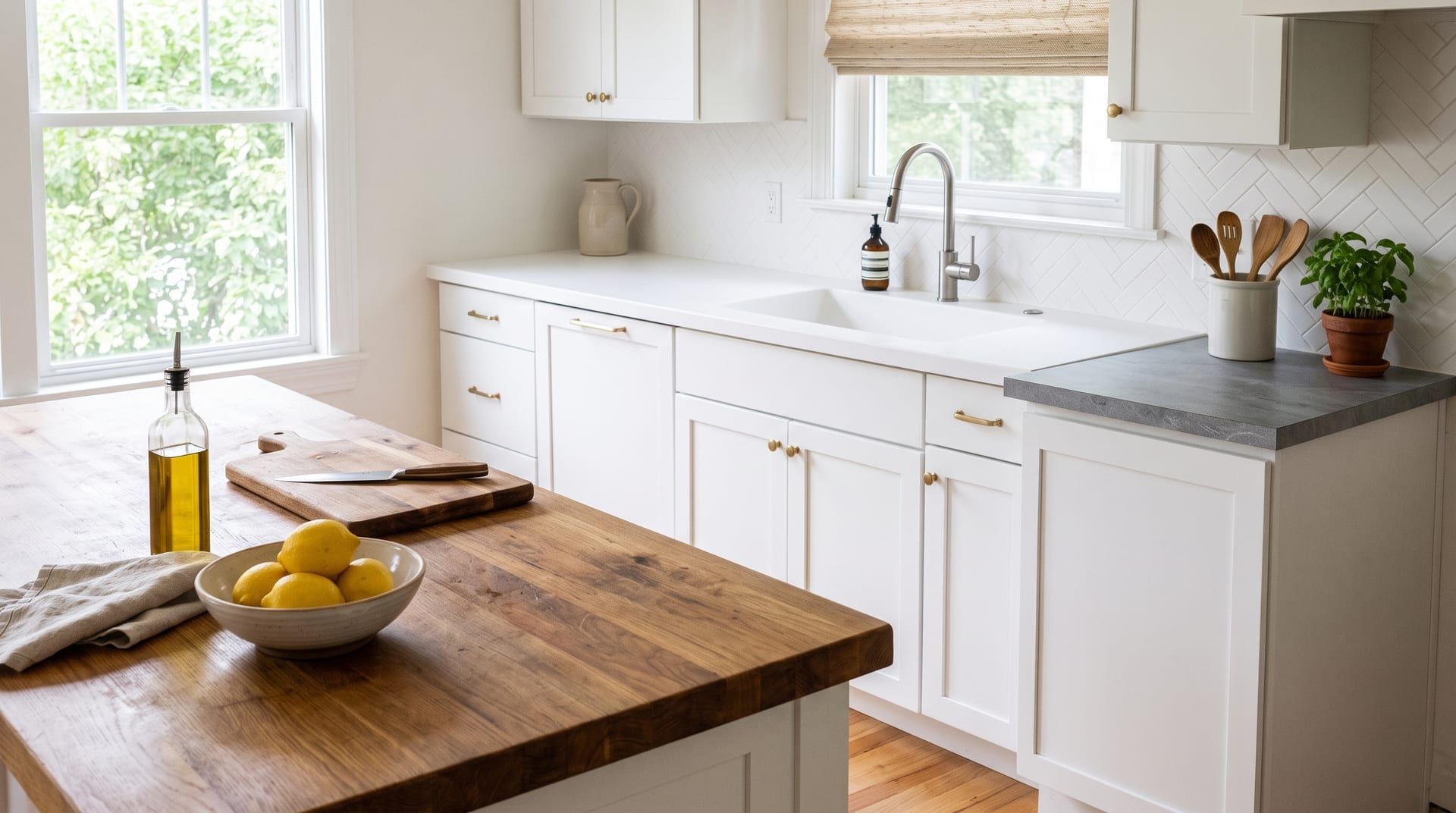 A kitchen with an oiled oak butcher block island, a white solid surface counter with an integrated sink and a grey laminate counter