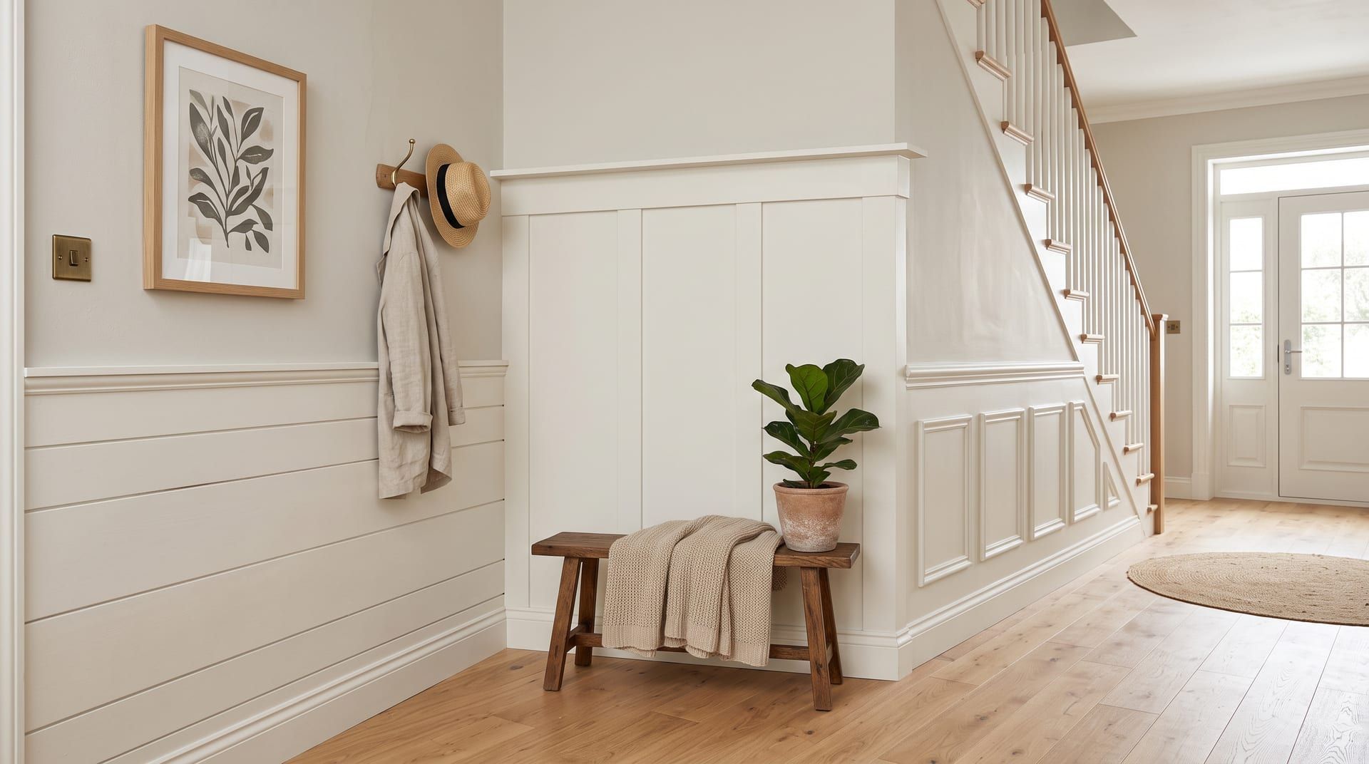An entry hall with shiplap on the left wall, board and batten on the centre wall and panelled wainscoting under the stairs, all painted warm white
