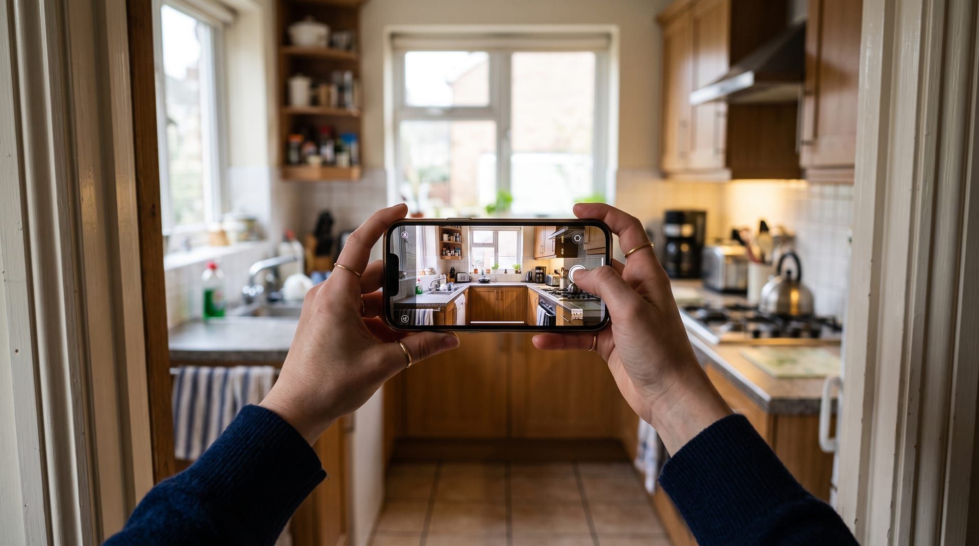 Illustration of a phone photo of a kitchen turning into the same kitchen redesigned in a modern style