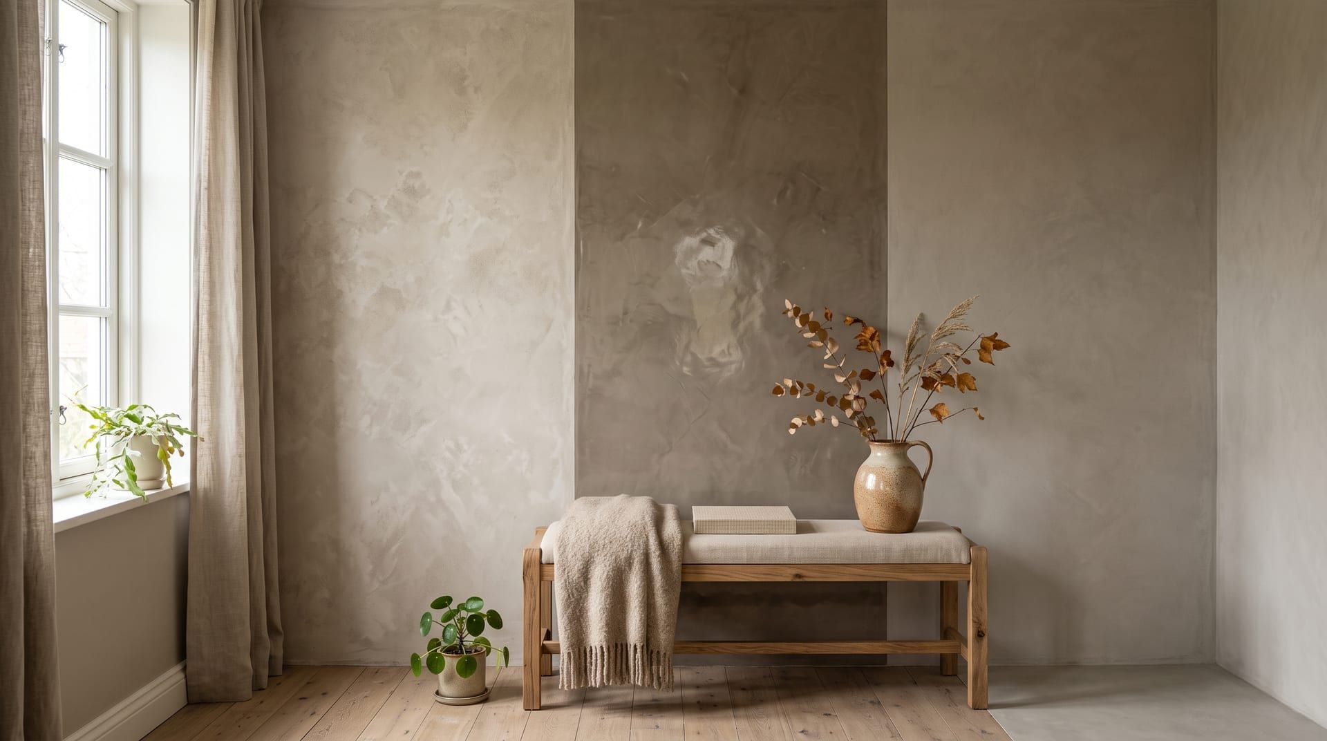 One wall split into three textured finishes: matte limewash, polished Venetian plaster and seamless microcement