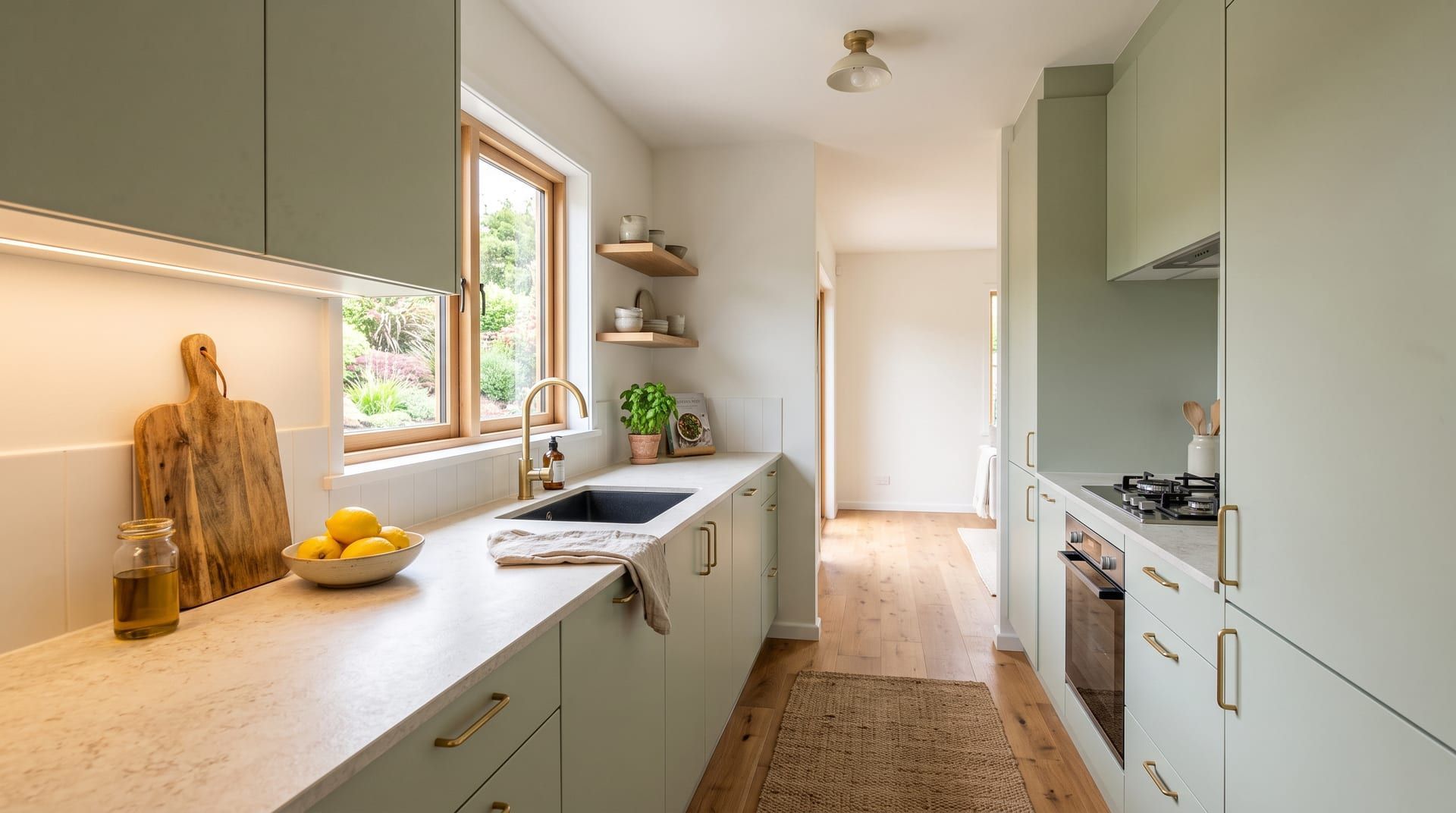 A small galley kitchen with sage green cabinets, a stone-look worktop, open oak shelves and warm under-cabinet lighting