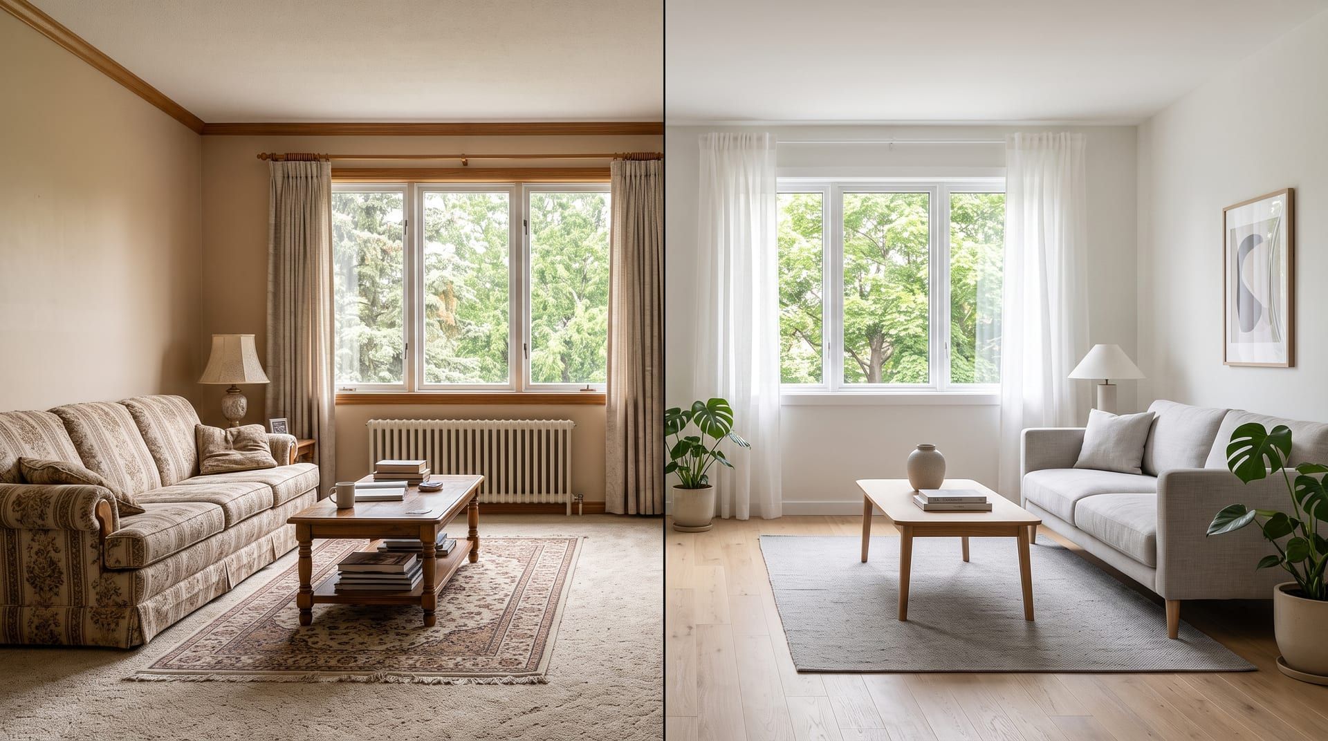 Illustration of two AI living room results side by side, one that keeps the original windows and one that does not