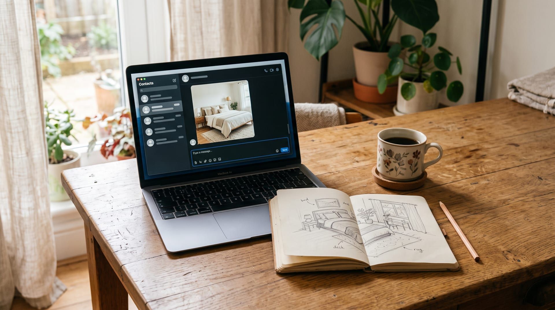 Illustration of a chat window full of interior design prompts beside a bedroom photo