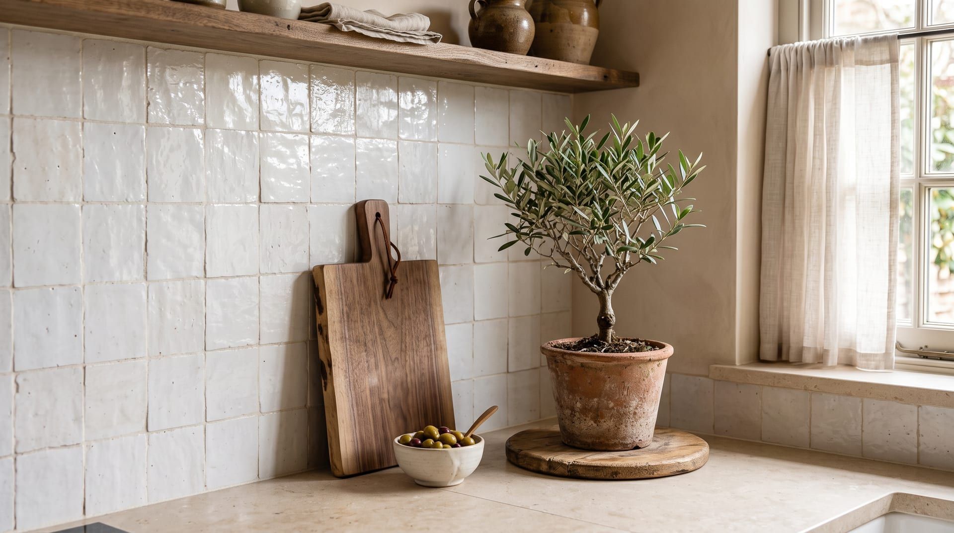 A white handmade zellige tile backsplash above a stone countertop with a wooden board and a small olive tree