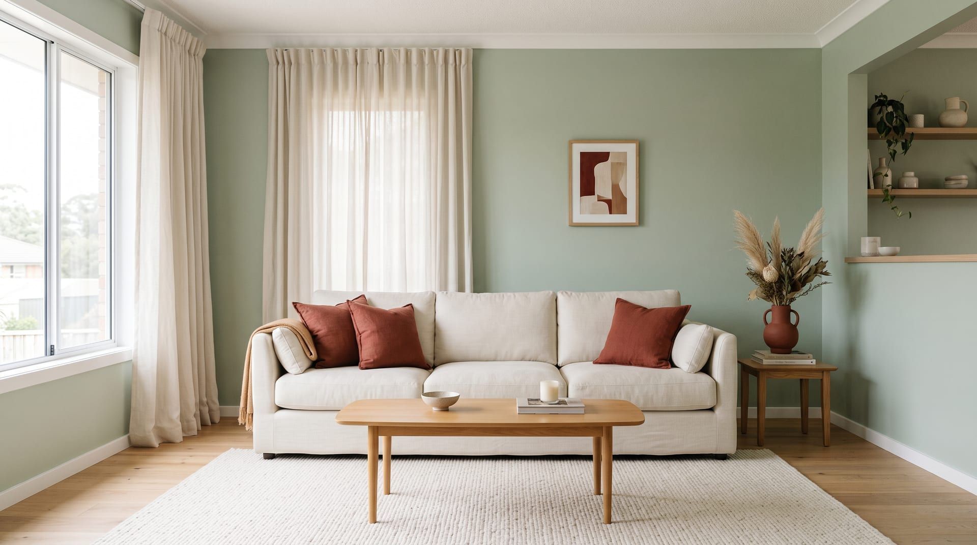 A living room with sage green walls, a cream linen sofa and curtains, and terracotta cushions and vase as the accent
