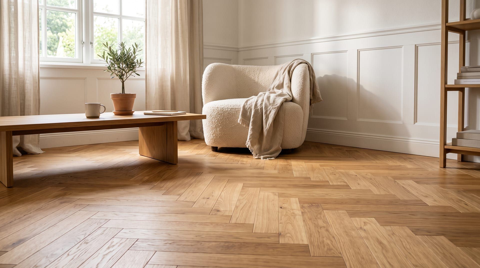 A sunlit living room with a natural oak herringbone parquet floor, a cream boucle armchair and a low oak table
