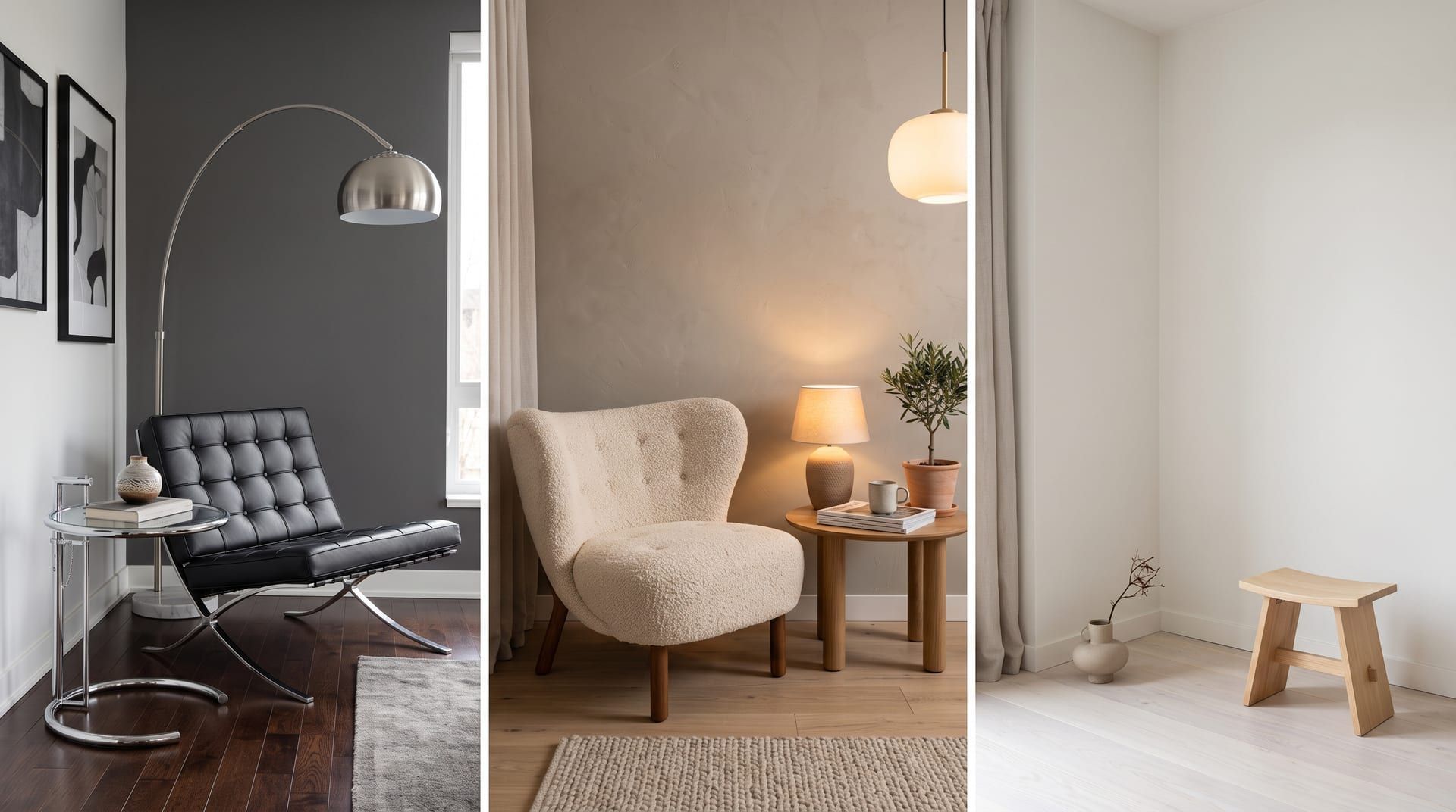 Illustration of four small living room sketches labelled modern, contemporary, minimalist and Scandinavian