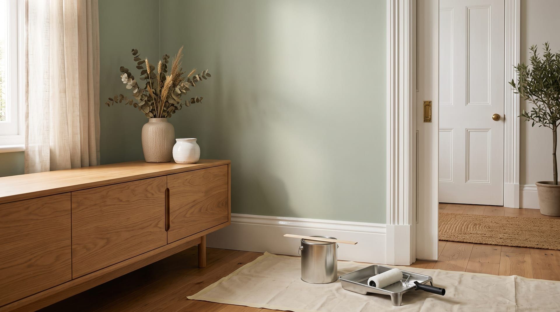A sage green living room wall with low sheen paint, white glossy trim, an oak sideboard and a paint can on a drop cloth