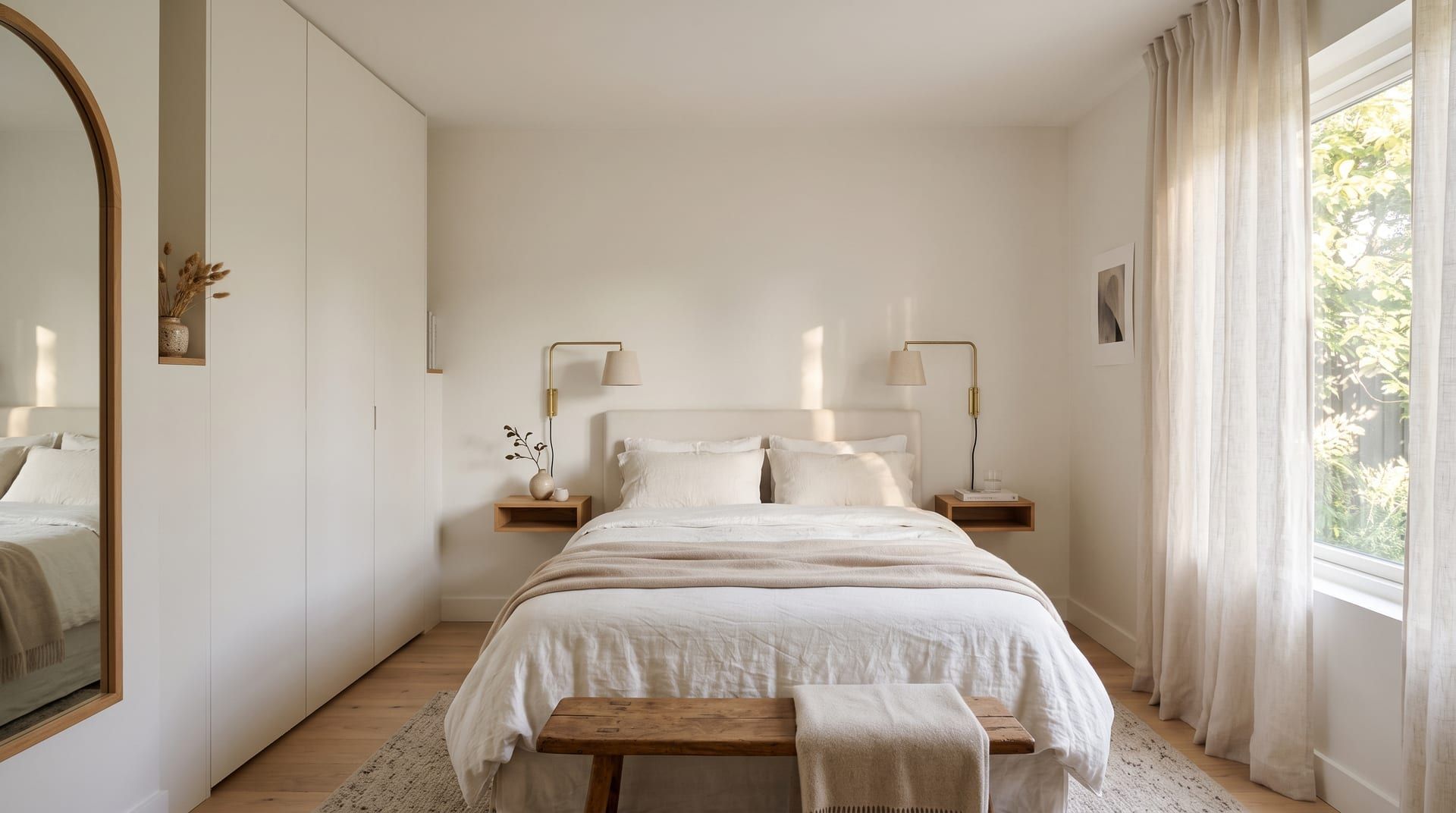 A calm small bedroom with a built-in wardrobe painted the wall colour and wall-mounted lights over the bed
